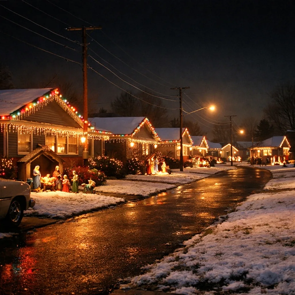 A 1960s suburban street at night lined with houses strung with colored incandescent Christmas lights, nativity scenes on