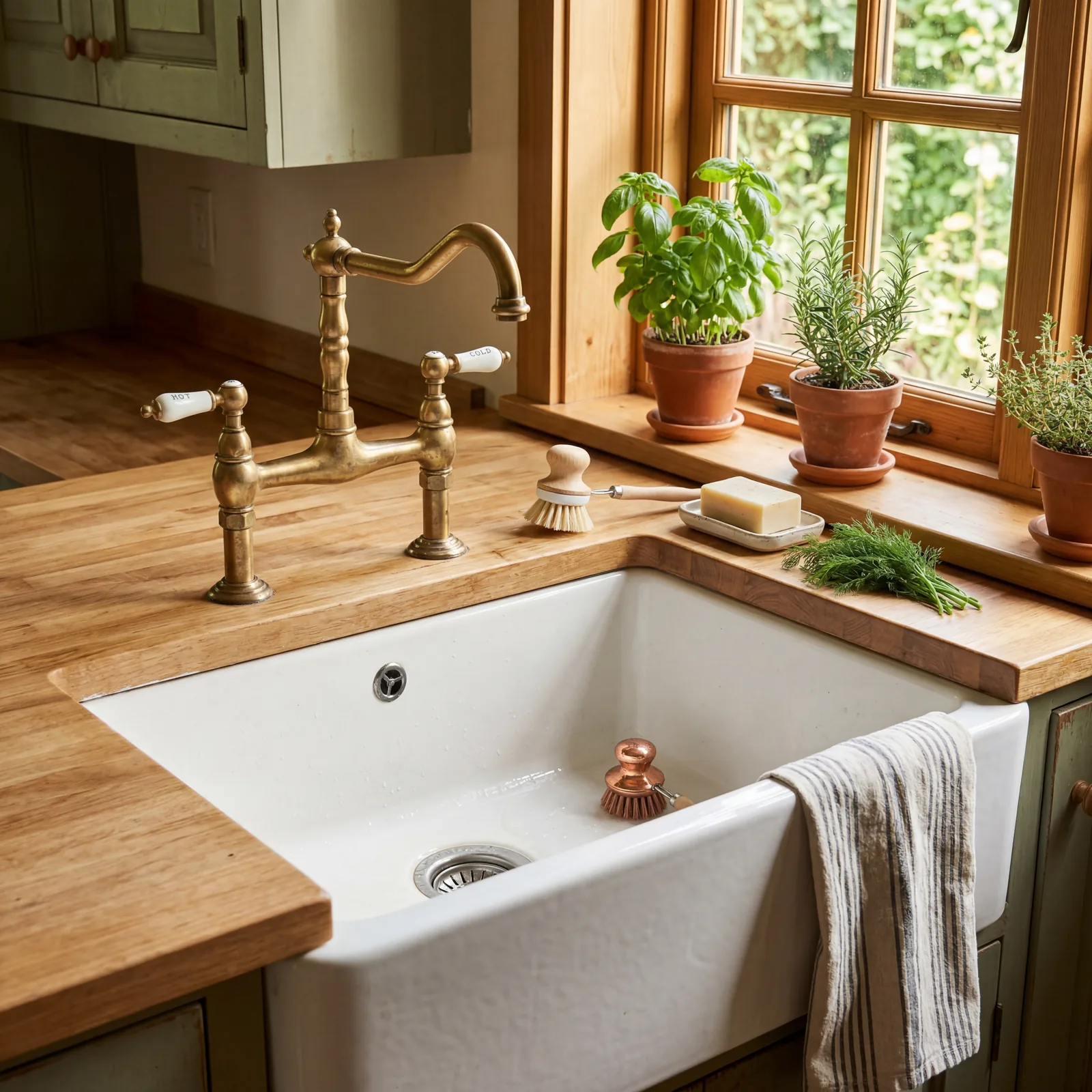 Close-up of a white fireclay apron-front sink paired with a polished unlacquered brass bridge faucet, morning light from