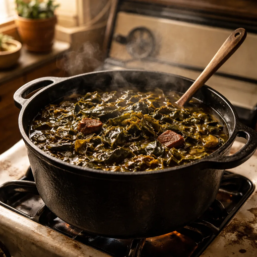 dark glossy collard greens slow-cooked in a deep cast iron pot, rich dark broth visible, steam rising, humble kitchen st