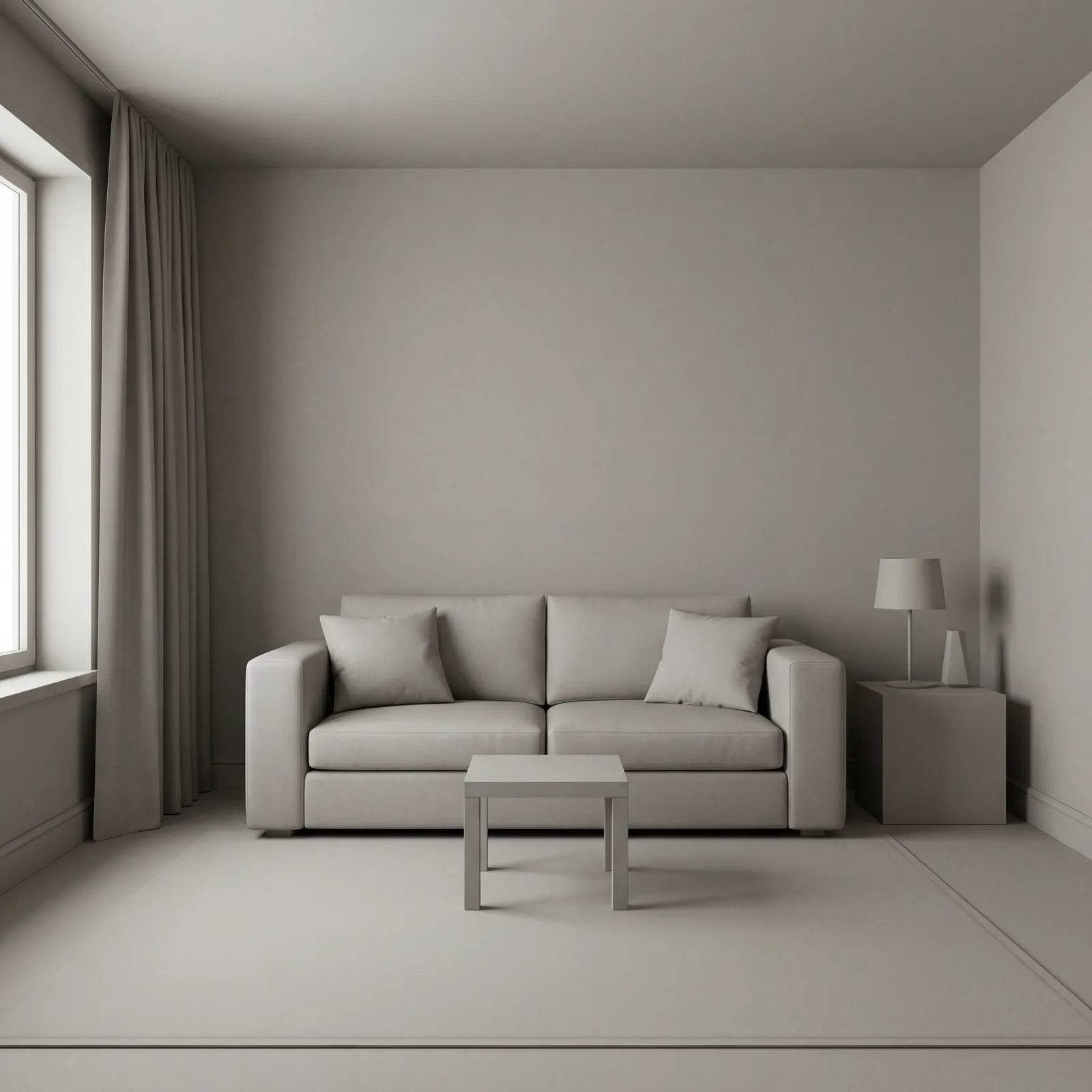 Living room where every surface and fabric is the same smooth matte finish — sofa, cushions, curtains, rug — feeling fla