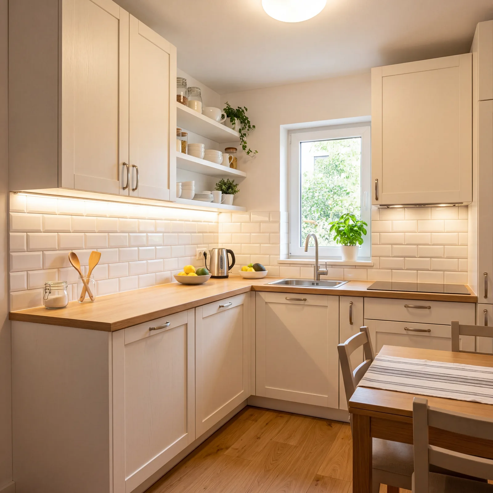 Small kitchen made to feel spacious with clear countertops, bright under-cabinet LED lighting, white subway tile backspl