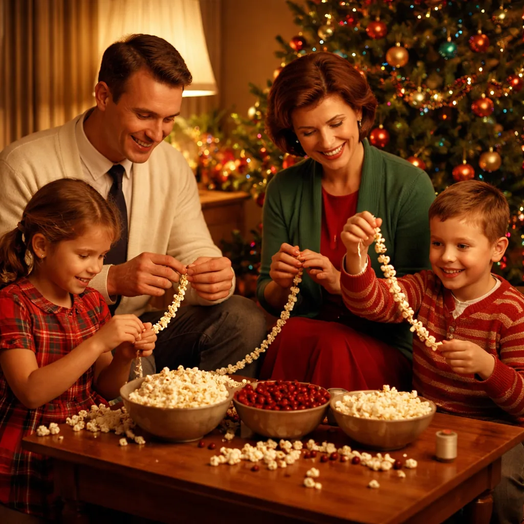 A 1960s family sitting around a coffee table in the evening, stringing popcorn and cranberries on a needle and thread, a