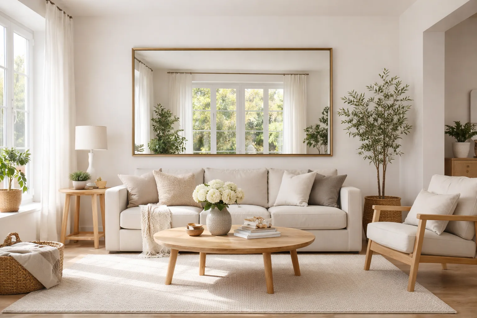 Living room with a large framed mirror positioned across from a window, reflecting natural light and doubling the sense 