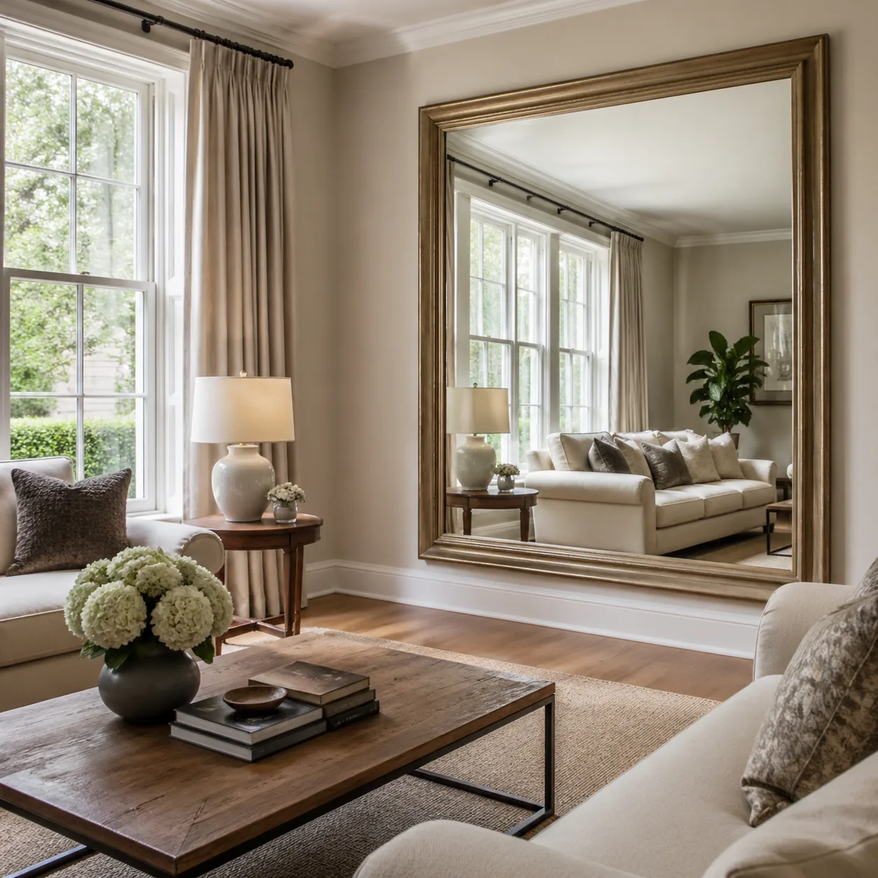 Living room with a large framed mirror positioned across from a window, reflecting natural light and doubling the sense 