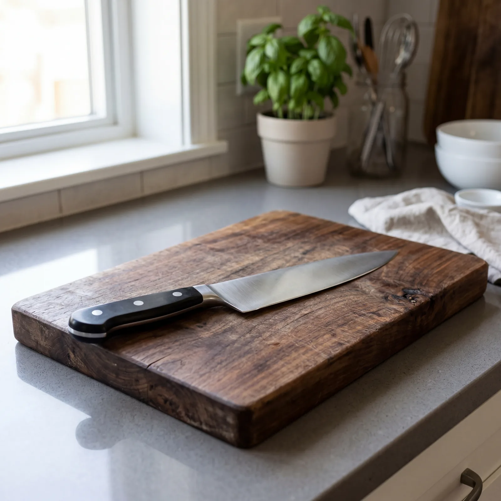 Sharp chef's knife on a wooden cutting board in a clean kitchen, natural light catching the blade edge, simple and focus