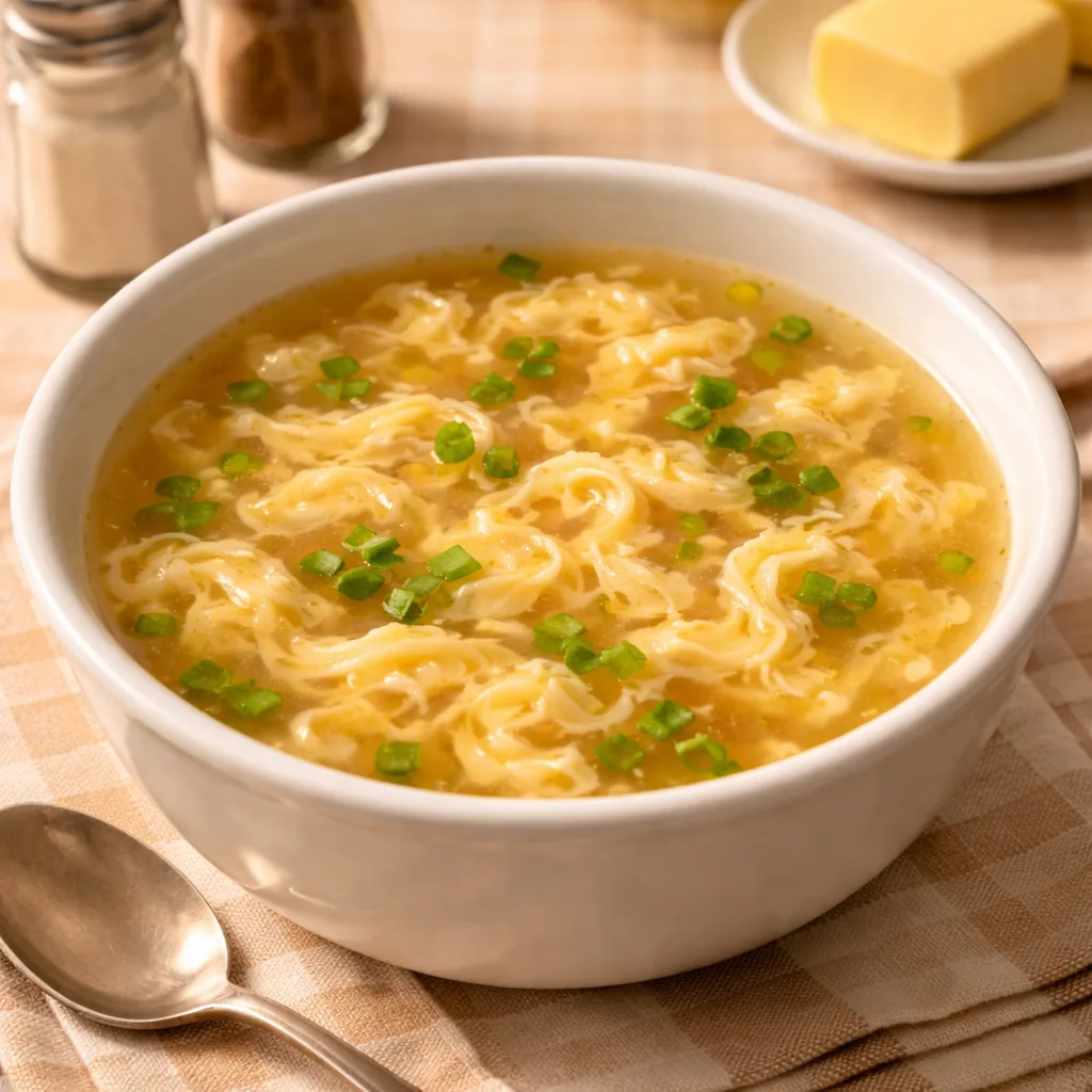 simple American egg drop soup with egg ribbons floating in thin clear broth in a white bowl, simple kitchen table, warm 