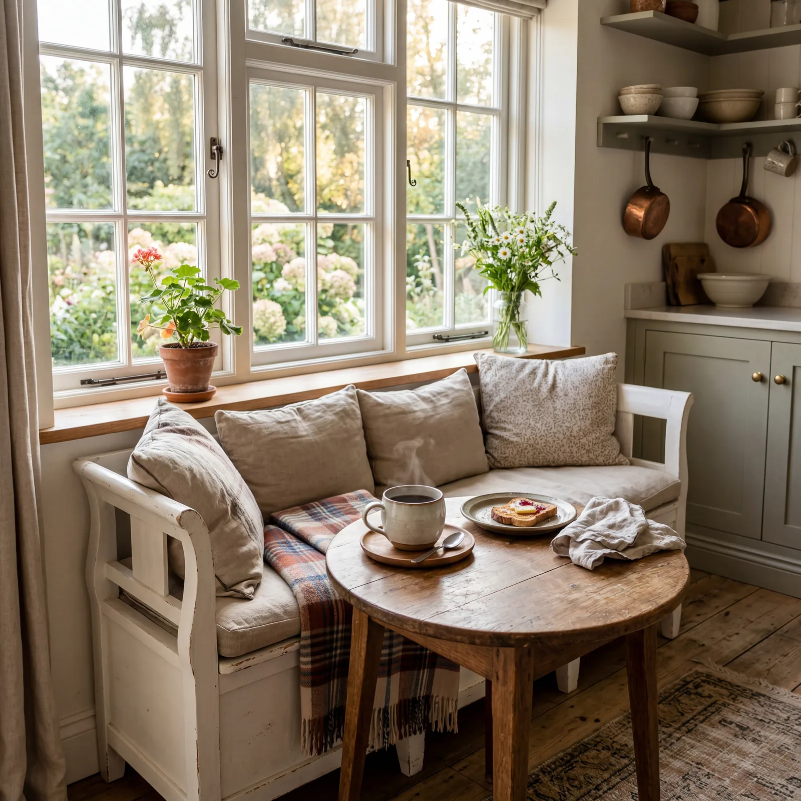 Warm farmhouse kitchen breakfast nook with a built-in painted white bench, linen cushion, small wooden table, morning li