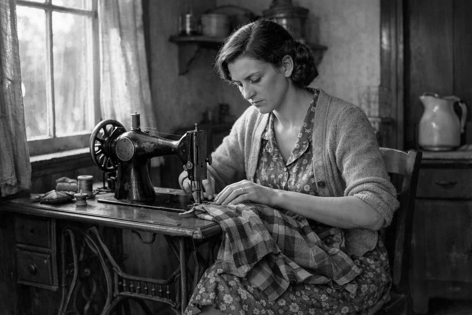 1930s era woman at a treadle sewing machine in a modest home, fabric on her lap, focused expression, warm window light