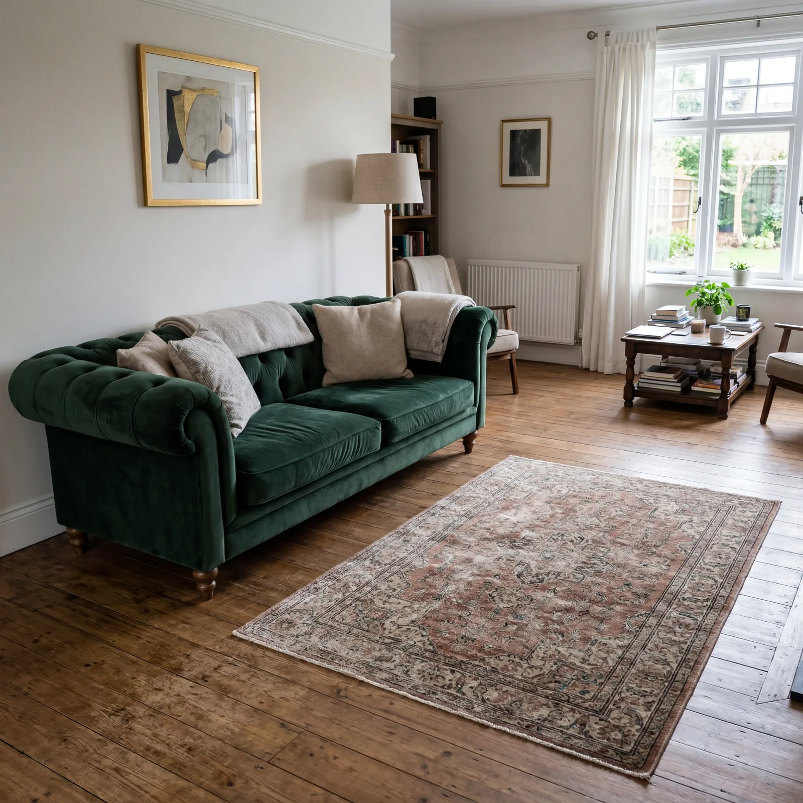 Living room with a beautiful sofa but no coffee table, or with the coffee table pushed so far away that no one can reach