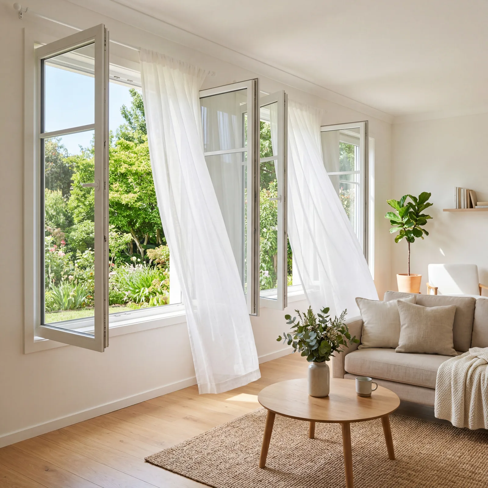 Open windows in a bright, clean living room, sheer curtains moving in a gentle breeze, spotless interior, warm light, no