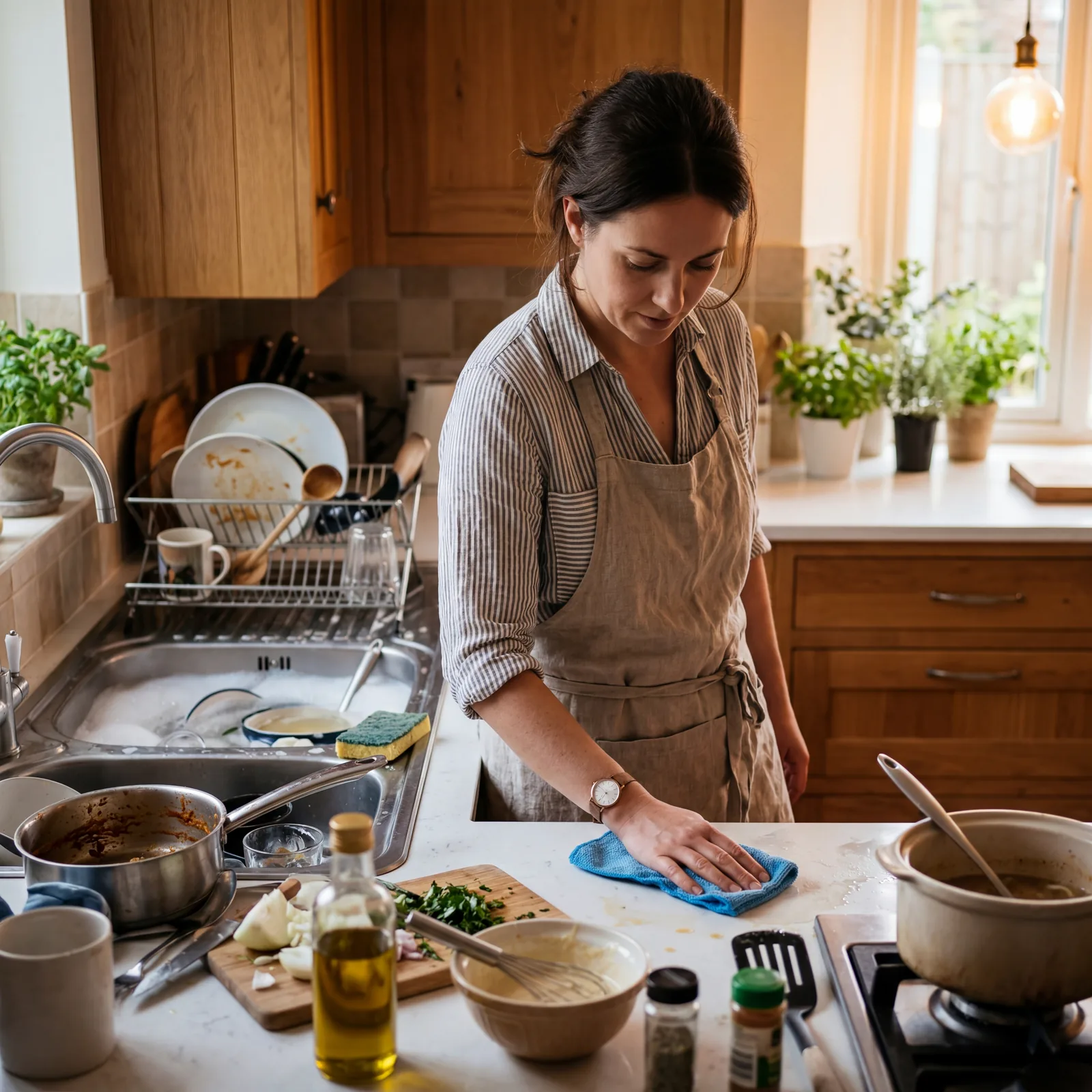 Person wiping down a kitchen counter with a cloth during cooking, dishes soaking in a sink behind them, warm and calm ki