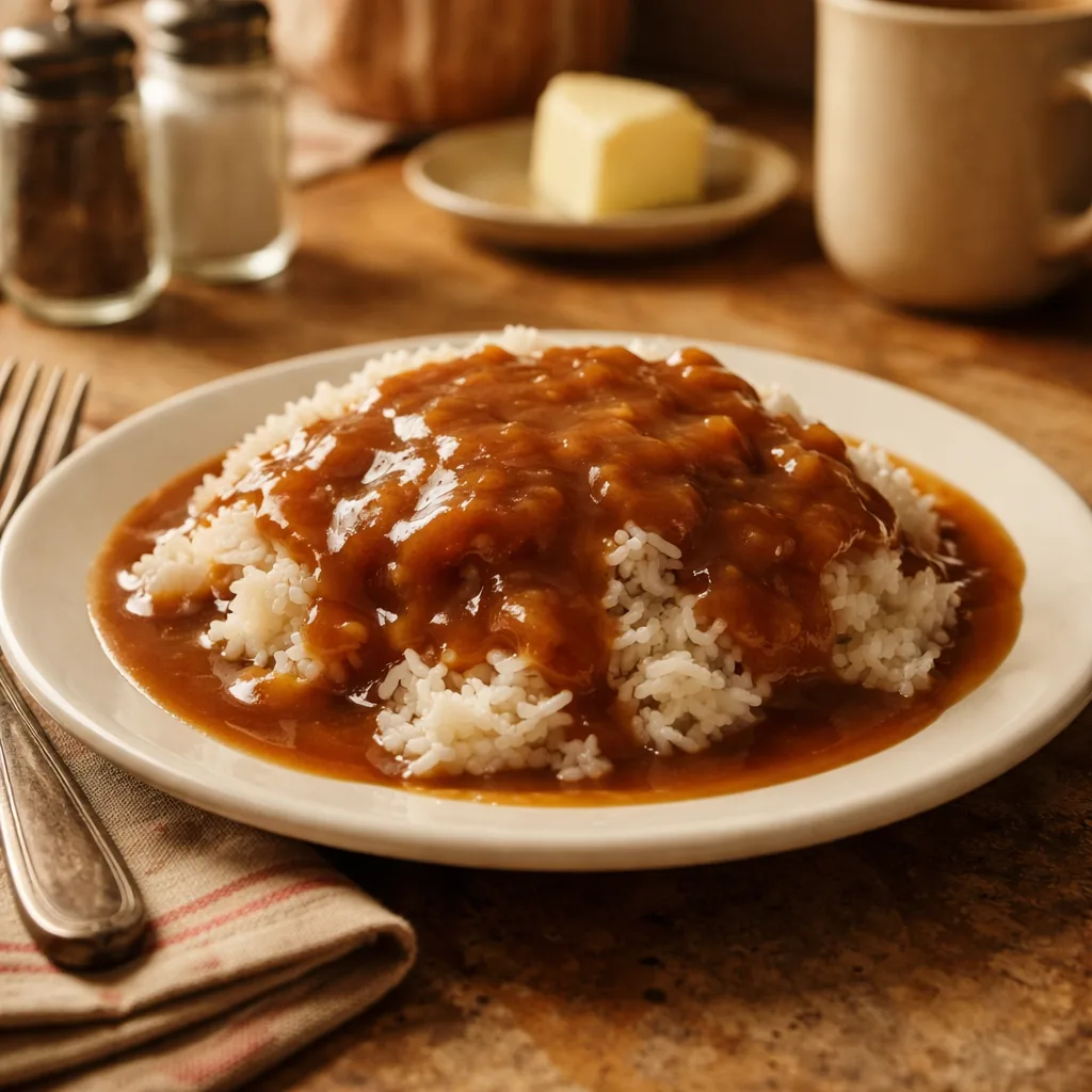 white rice covered in brown pan gravy on a simple white plate, worn kitchen table, humble setting, warm light