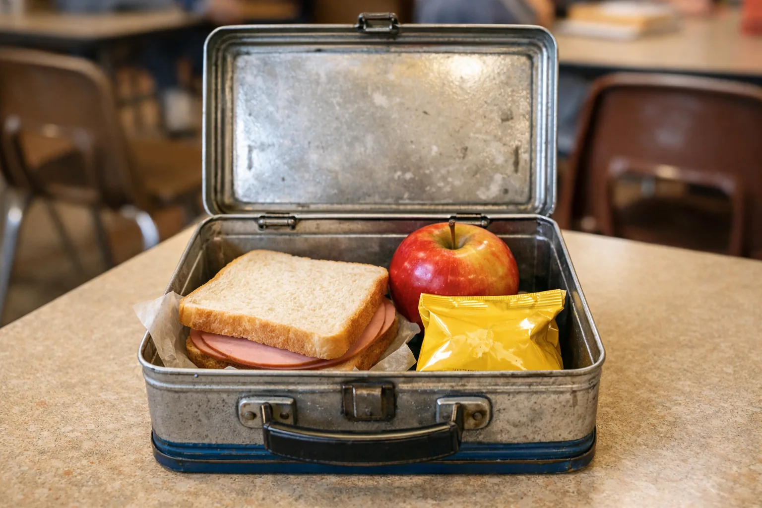 1970s school lunchbox open on a table with a bologna sandwich on white bread, apple, and small bag of chips, warm school