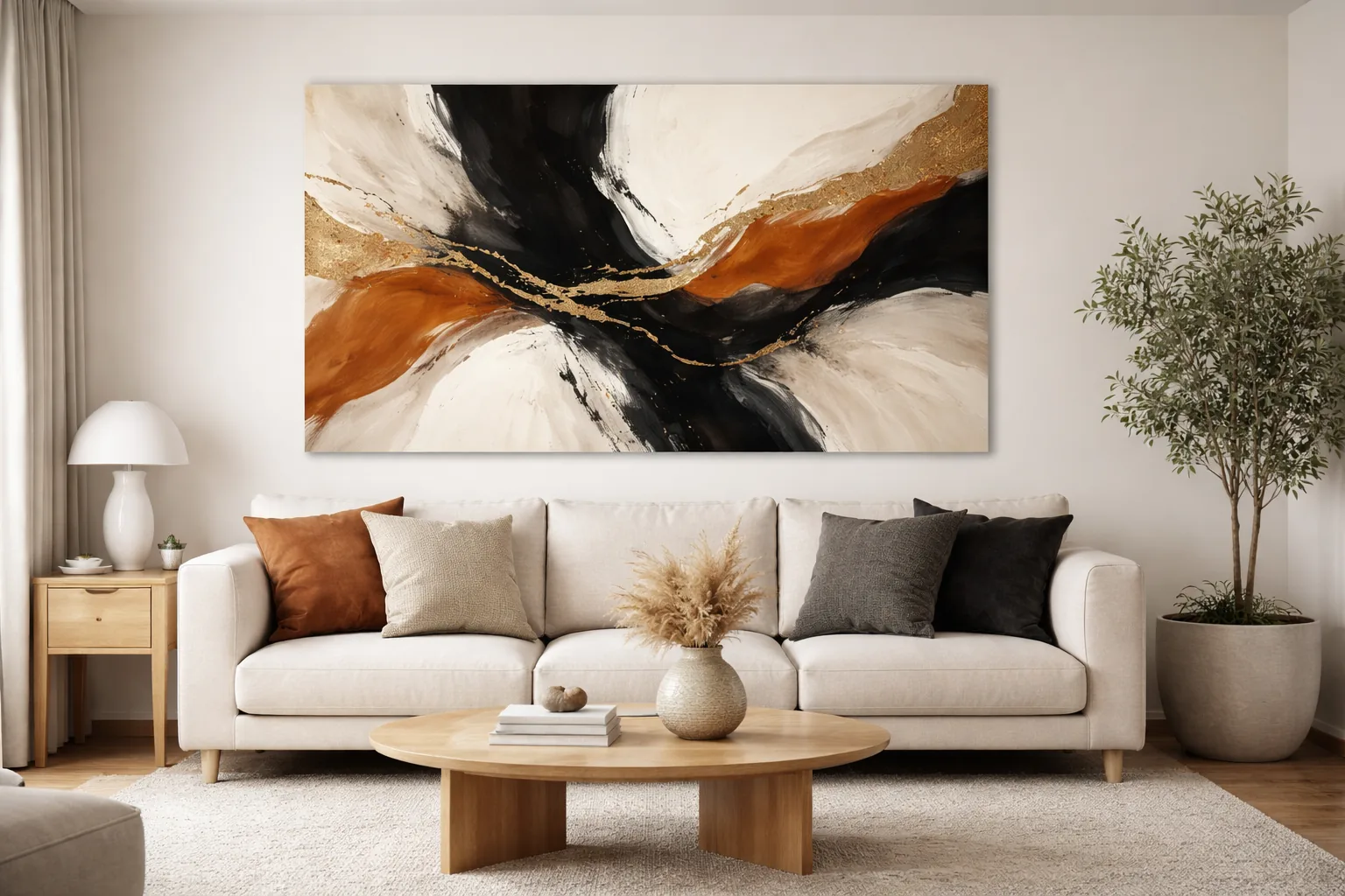 Living room feature wall with one large piece of art replacing where a gallery wall used to be, clean and bold