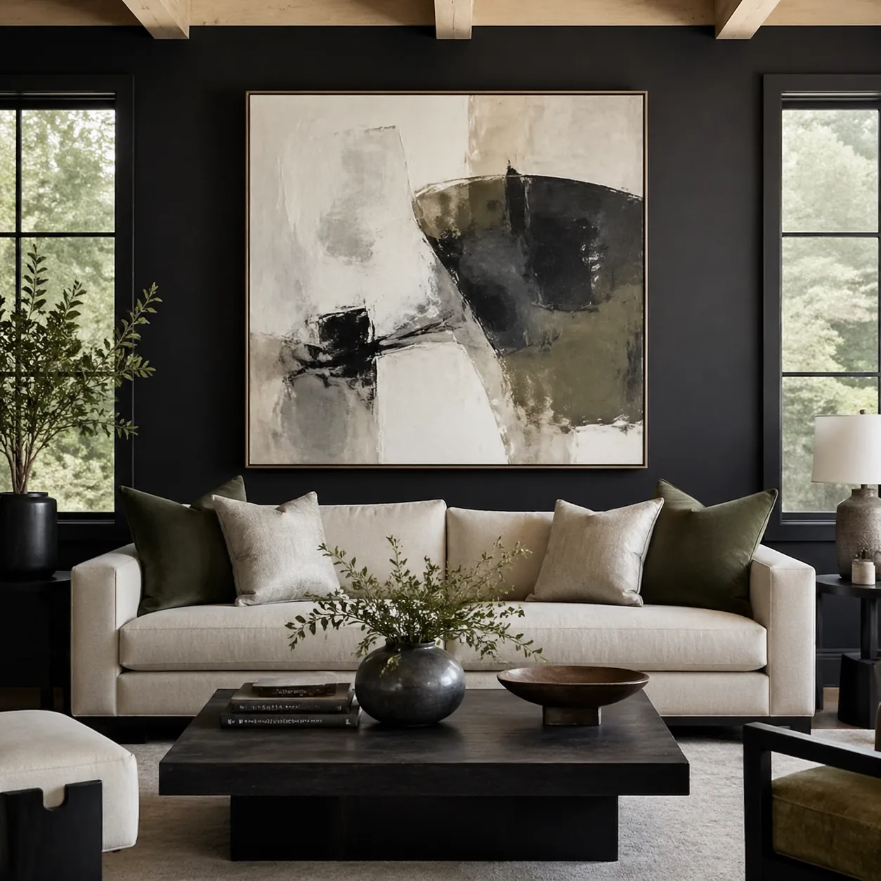 Living room feature wall with one large piece of art replacing where a gallery wall used to be, clean and bold