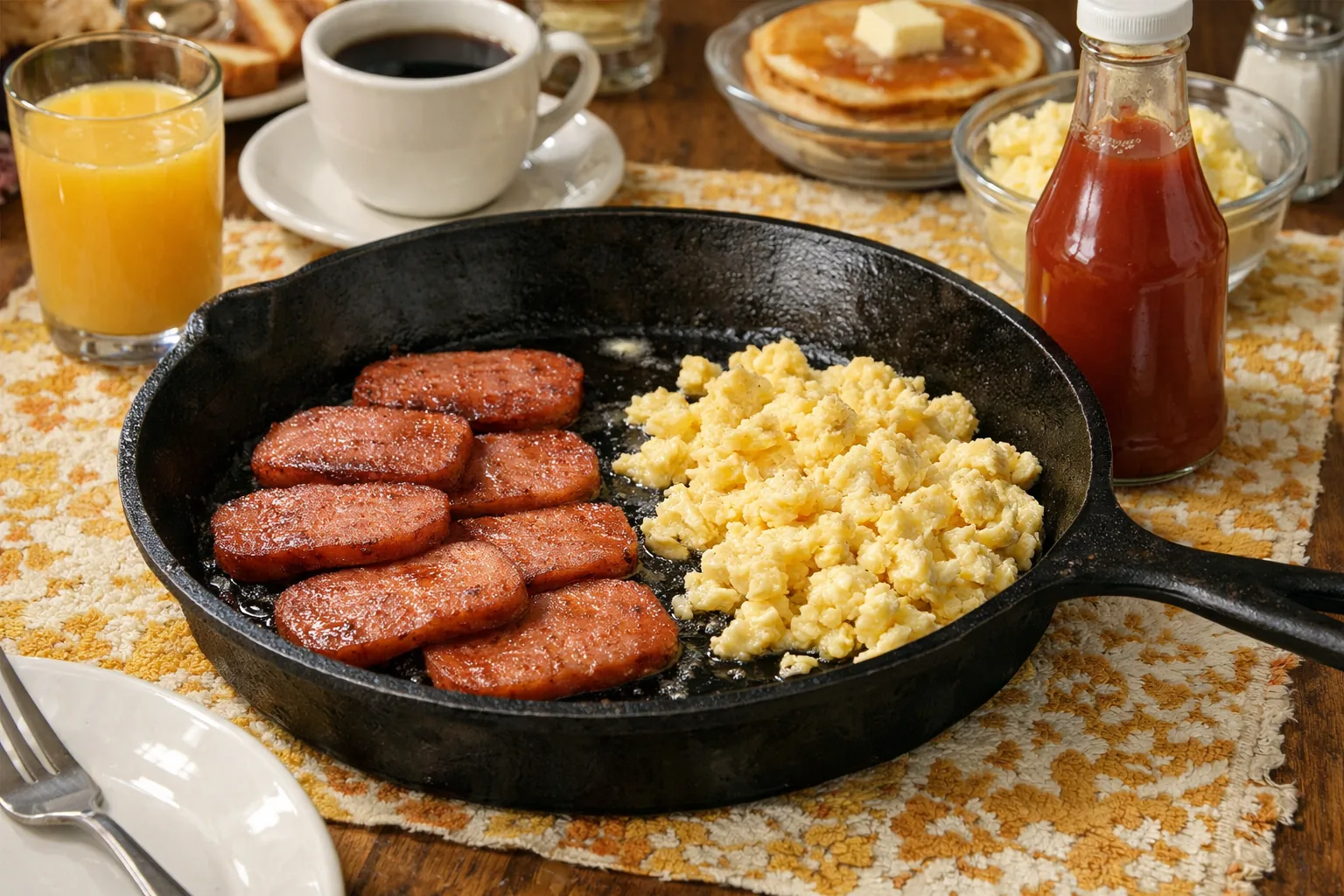 Cast iron pan with sliced Spam frying next to scrambled eggs, 1970s breakfast table with ketchup bottle