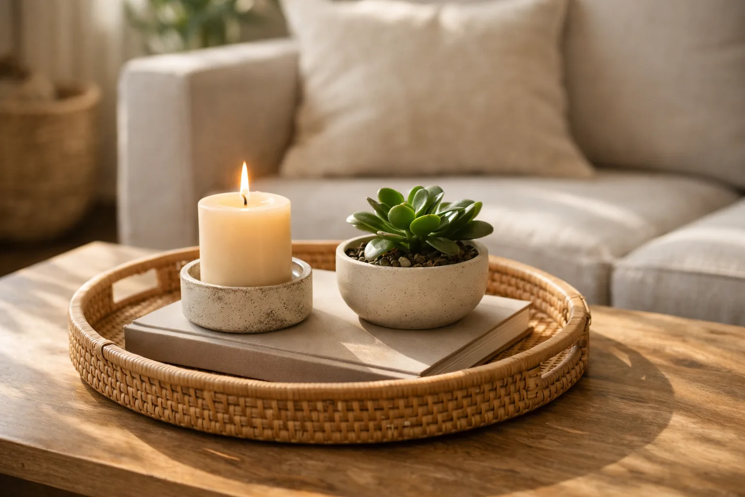 Styled coffee table with a tray holding a candle, a small plant, and a coffee table book, warm natural light