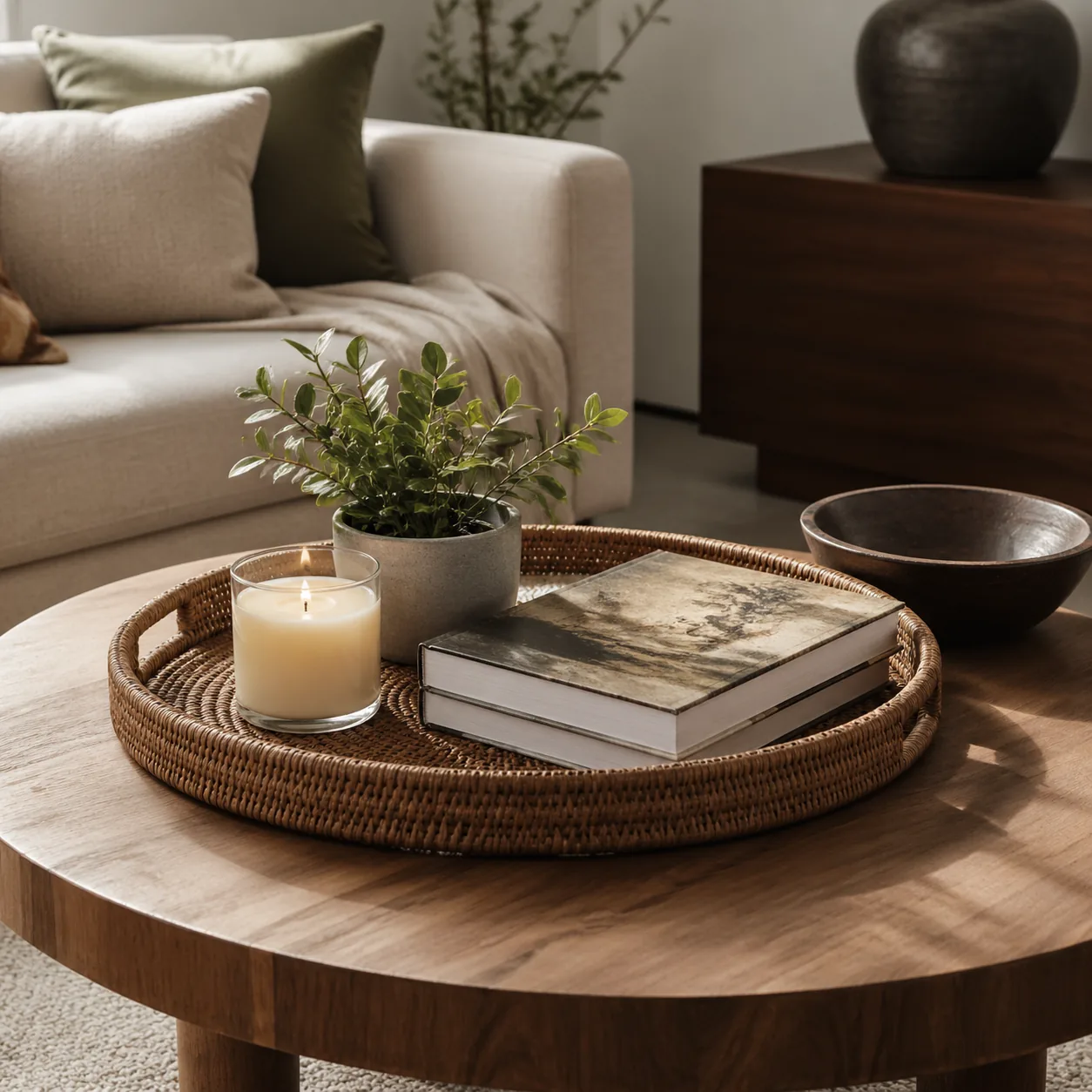 Styled coffee table with a tray holding a candle, a small plant, and a coffee table book, warm natural light
