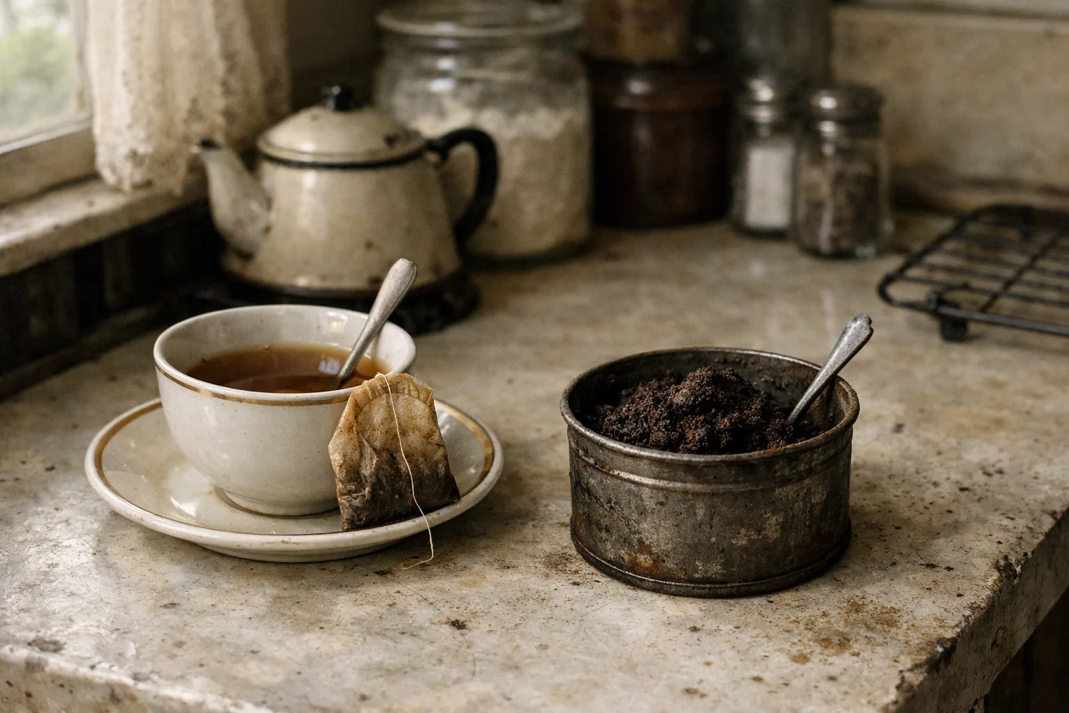1930s era kitchen with a used tea bag drying on the edge of a saucer and a small tin of used coffee grounds nearby, mode