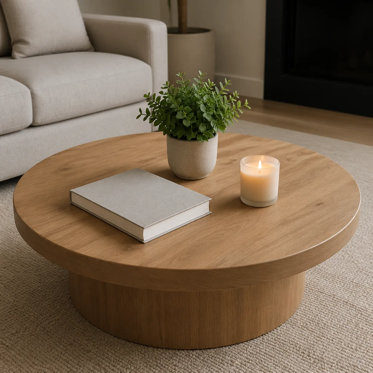 Minimal coffee table with exactly three objects: a book, a small plant, and a candle