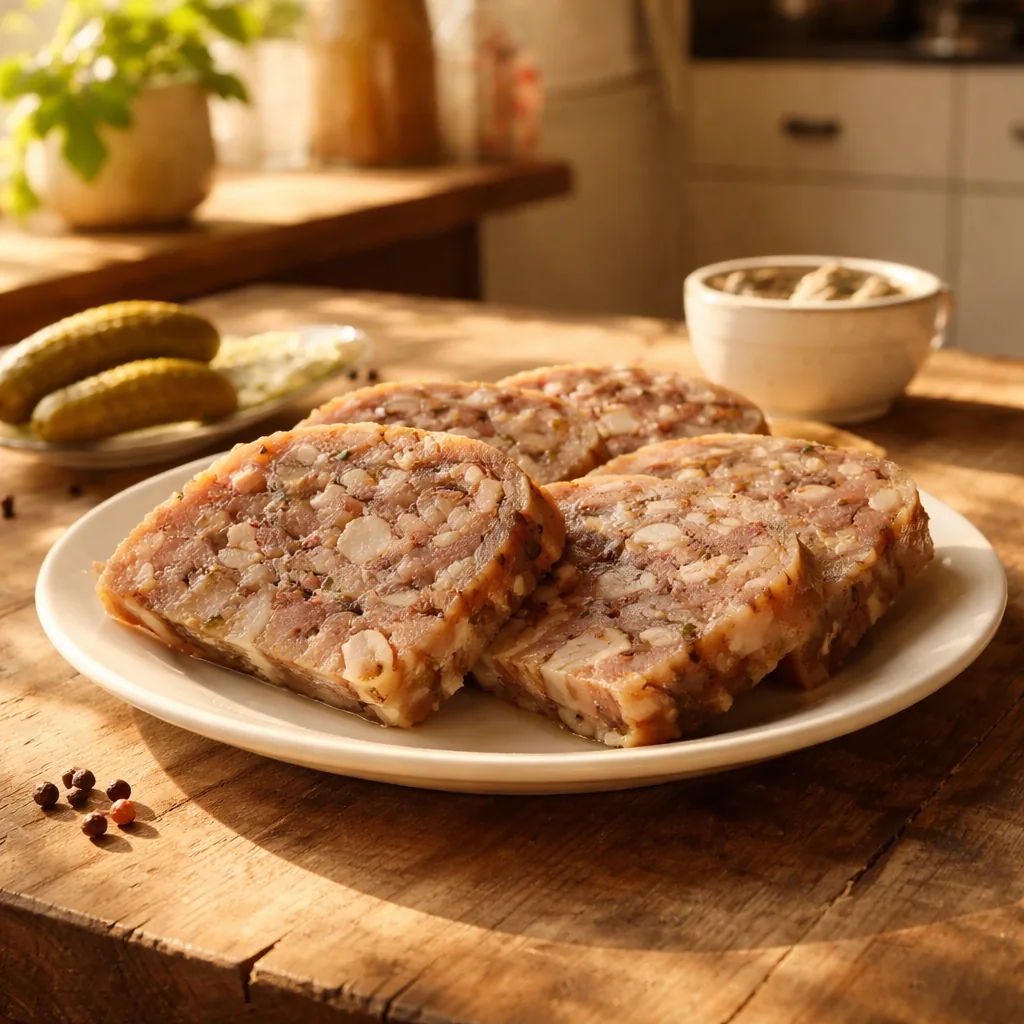 sliced head cheese or souse meat on a plain white plate, set aspic visible, simple farmhouse kitchen table, warm afterno