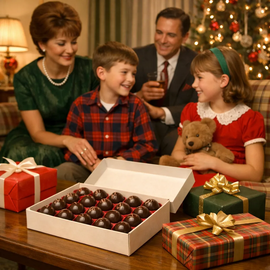 A 1960s family on Christmas Eve, a cardboard box of chocolate-covered cherries open on the coffee table beside wrapped g