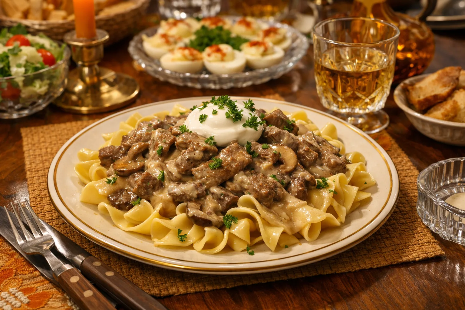 Plate of beef stroganoff with wide egg noodles and sour cream sauce, garnished with parsley, on a 1970s dinner party tab