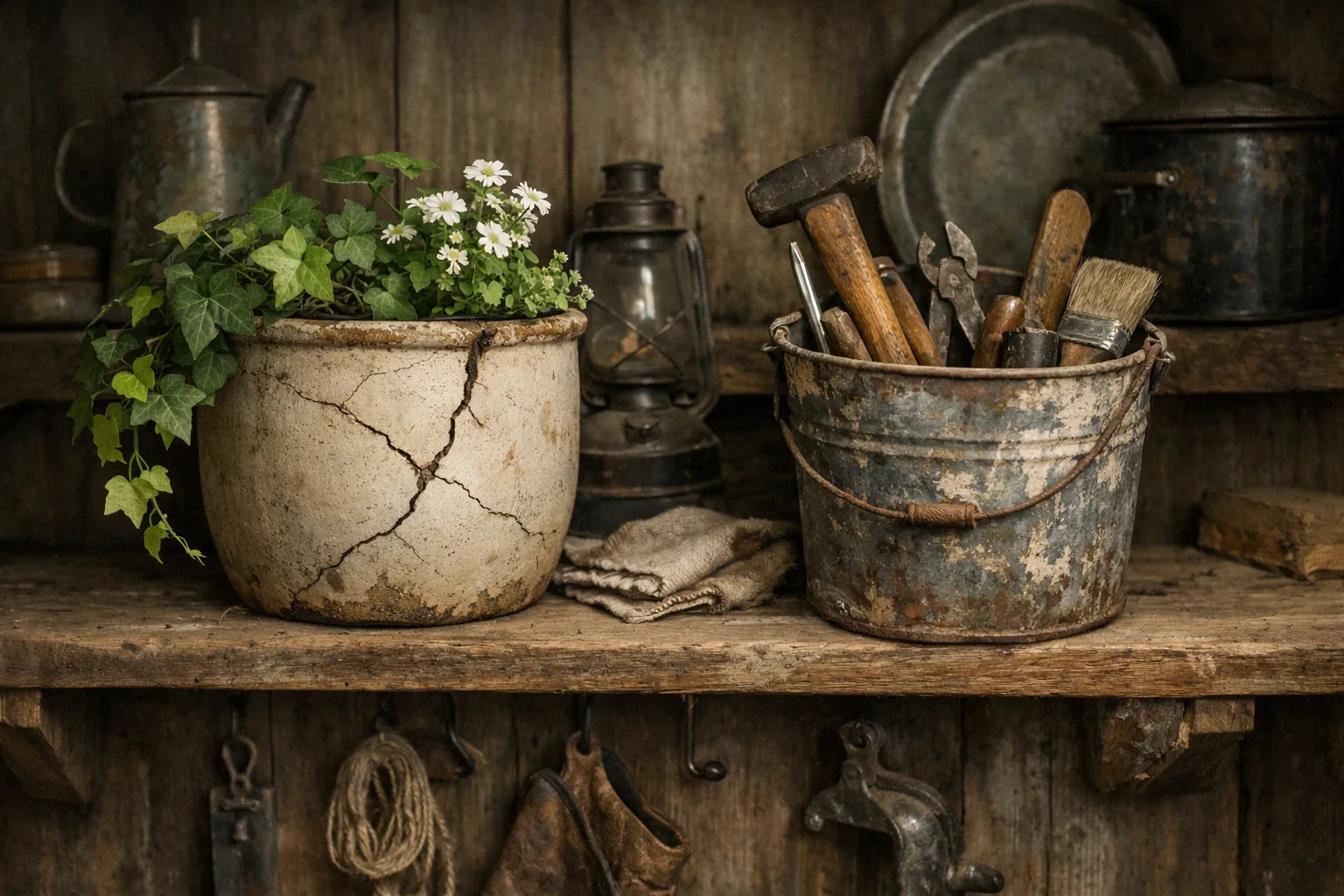1930s era shelf with repurposed household items, cracked crock used as a planter, worn bucket repurposed as a tool holde