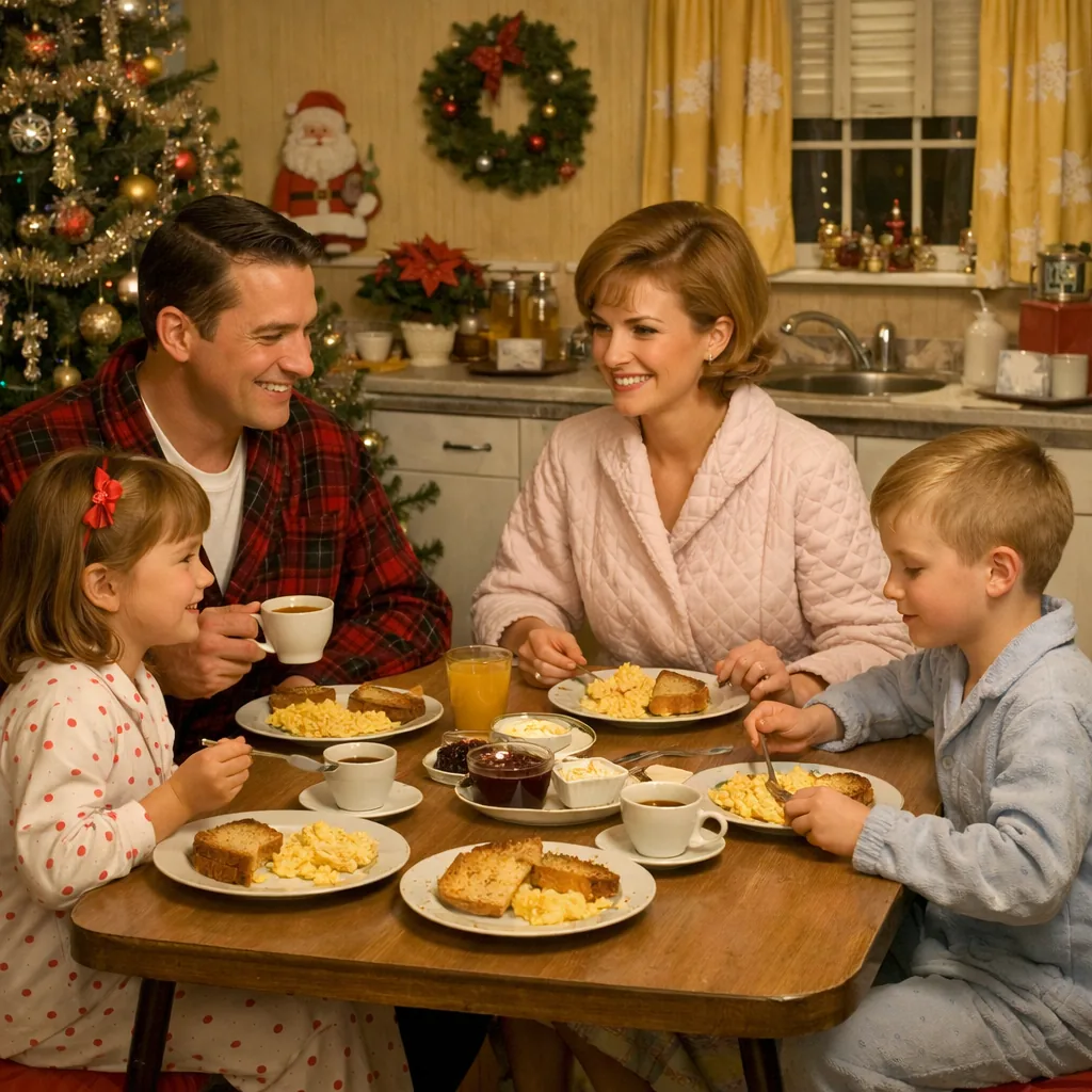 A 1960s family at the kitchen table on Christmas morning before gifts, plates of scrambled eggs and toast, coffee cups, 