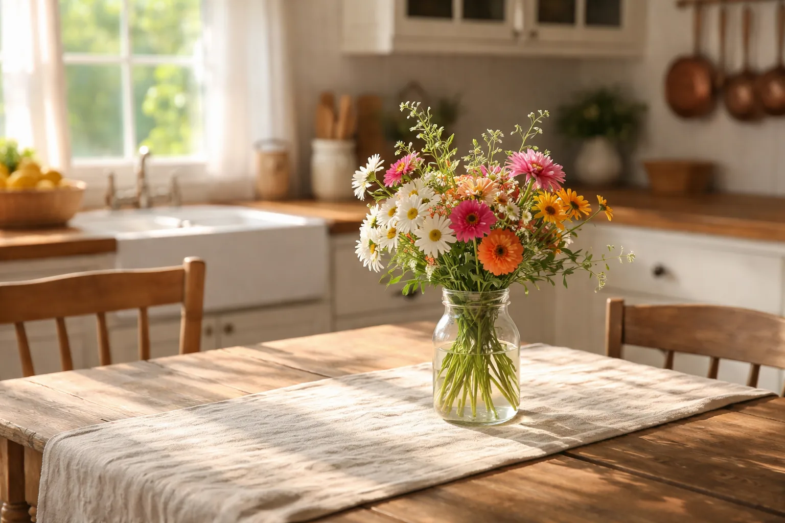 Farmhouse kitchen table with a simple vase of fresh flowers in natural morning light