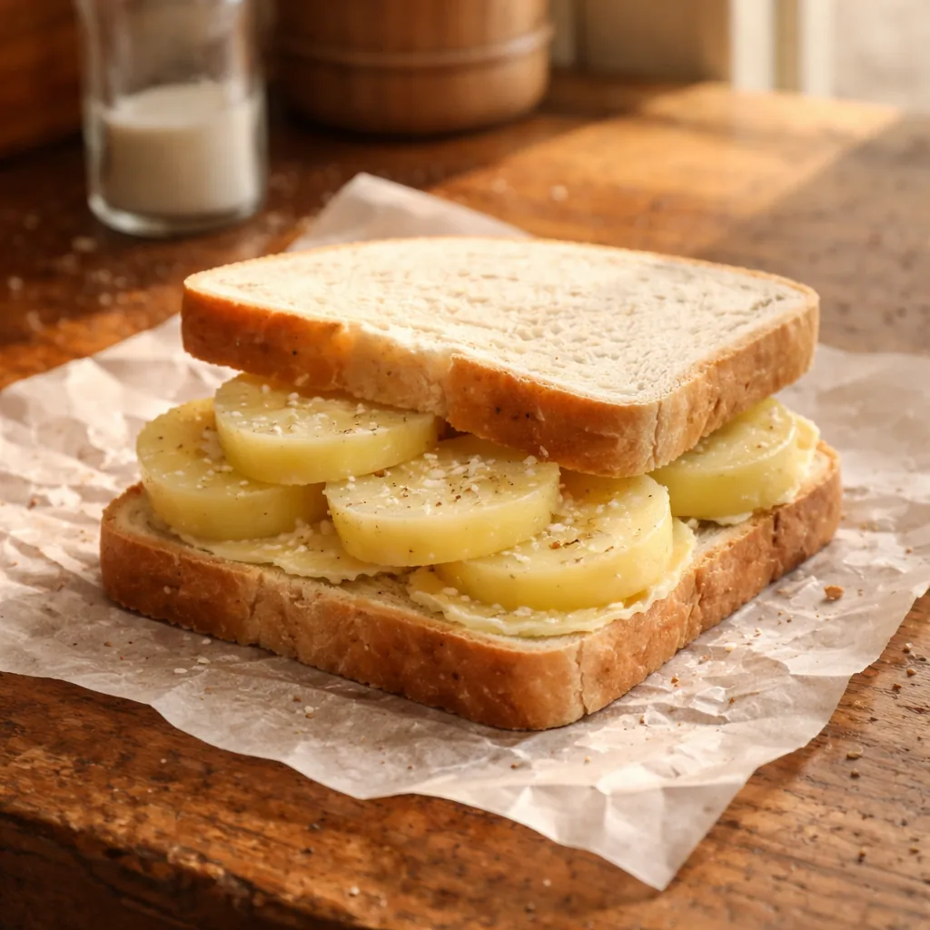 thick slices of cold boiled potato layered on white bread with salt and butter, simple sandwich on wax paper, worn kitch