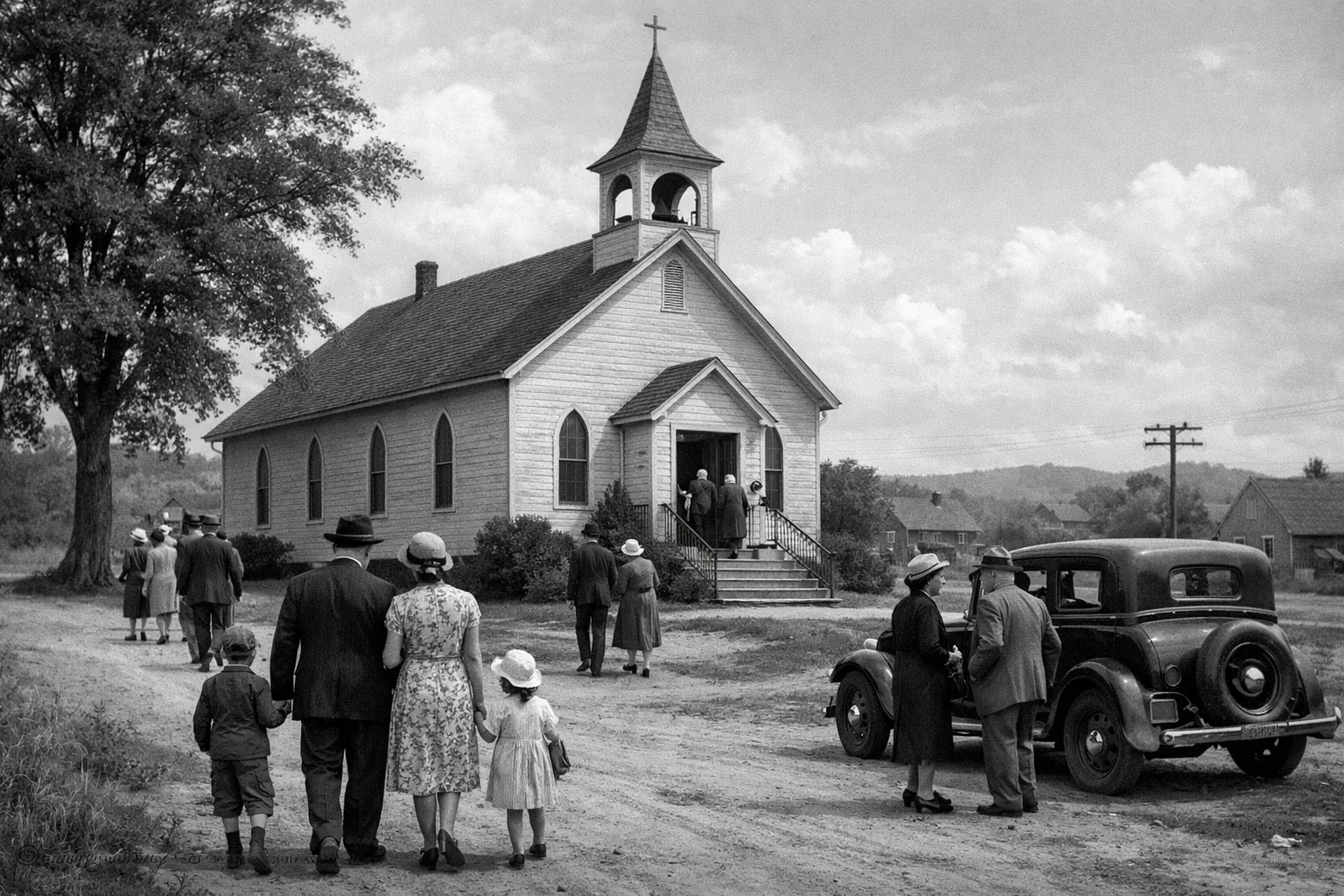 1930s era modest Protestant church exterior with families arriving in Sunday dress, rural town, natural light