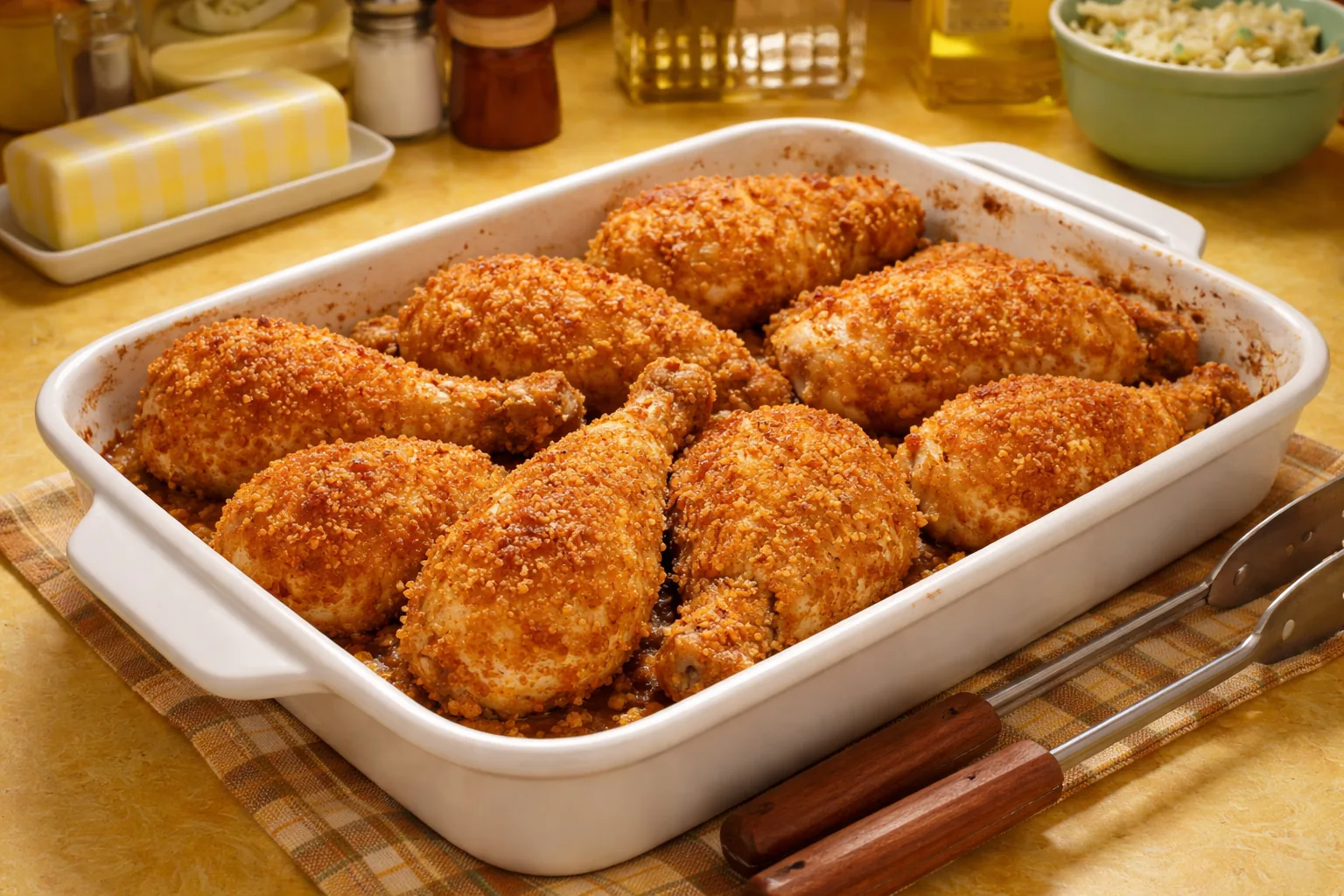 Golden-crusted Shake 'n Bake chicken pieces fresh from the oven in a baking dish, 1970s kitchen counter