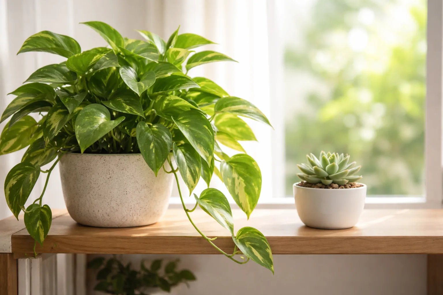 Shelf with a real pothos plant and a small succulent, healthy and green, natural indoor light