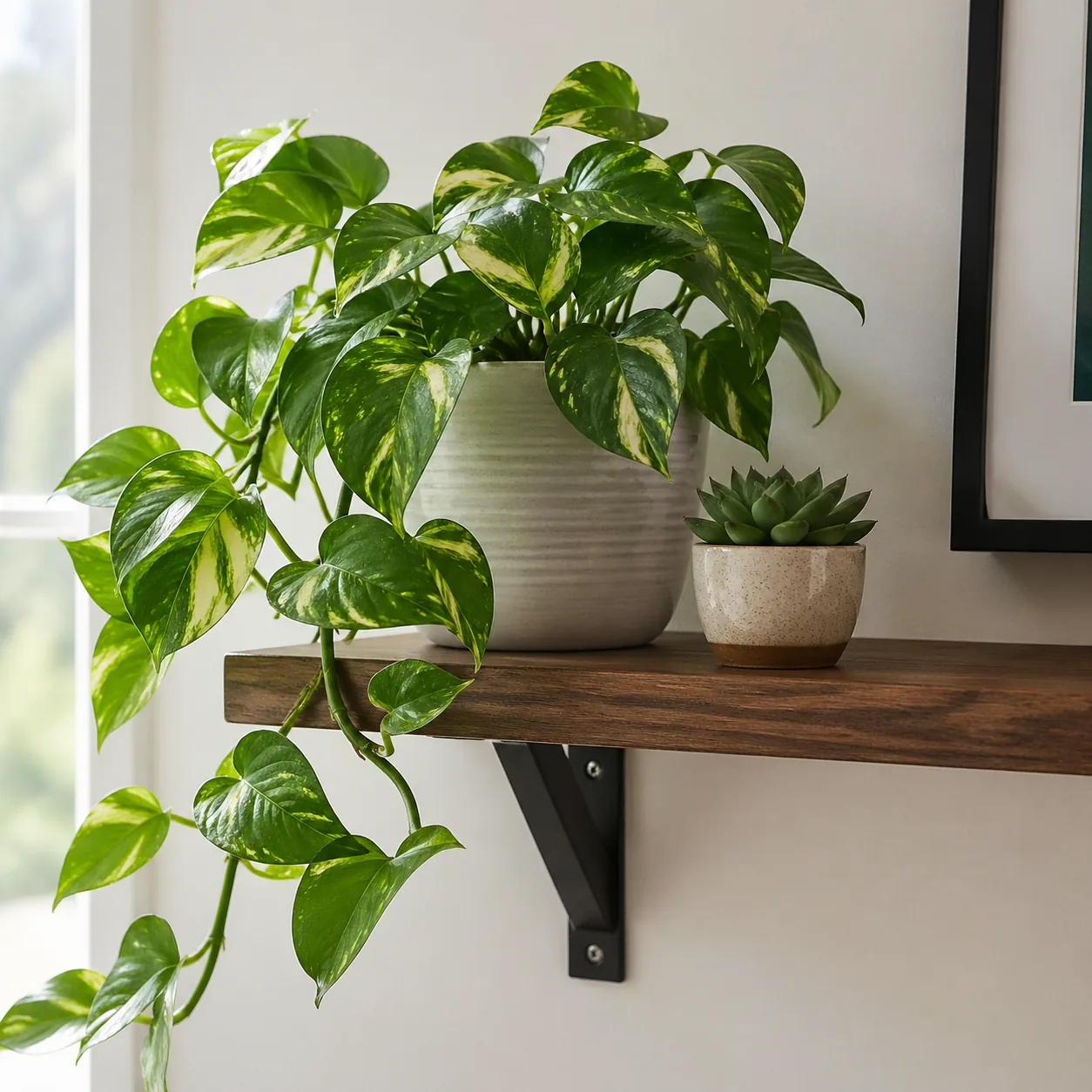 Shelf with a real pothos plant and a small succulent, healthy and green, natural indoor light