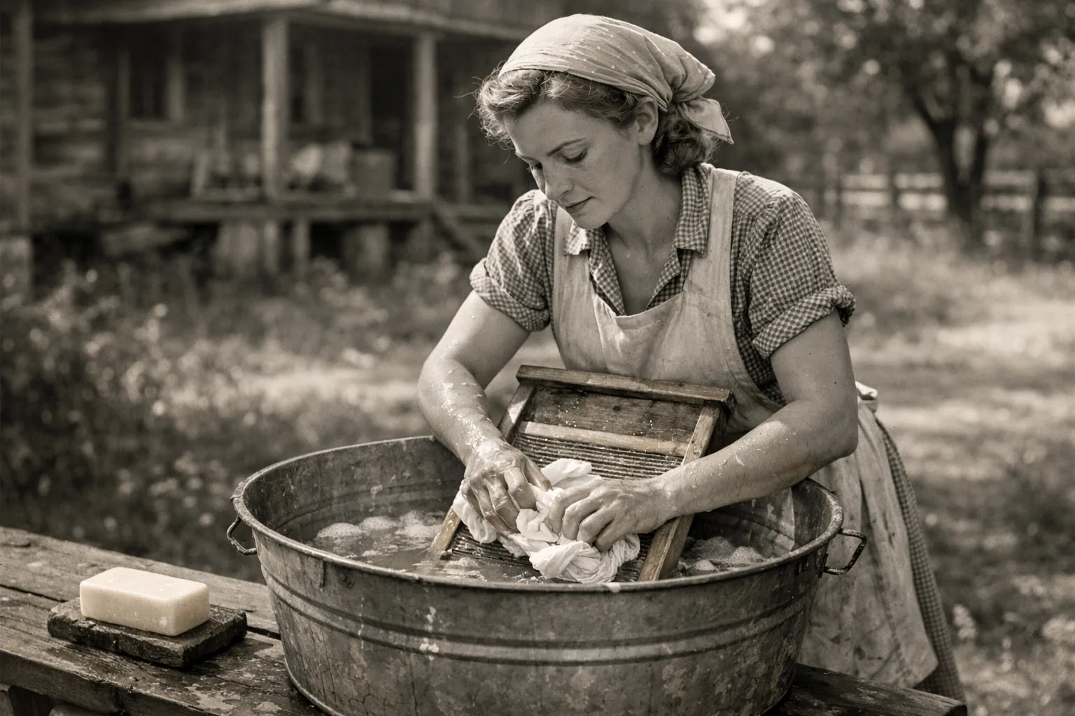1930s era woman scrubbing laundry on a washboard in a large metal tub outside, wooden soap bar nearby, apron, summer mor