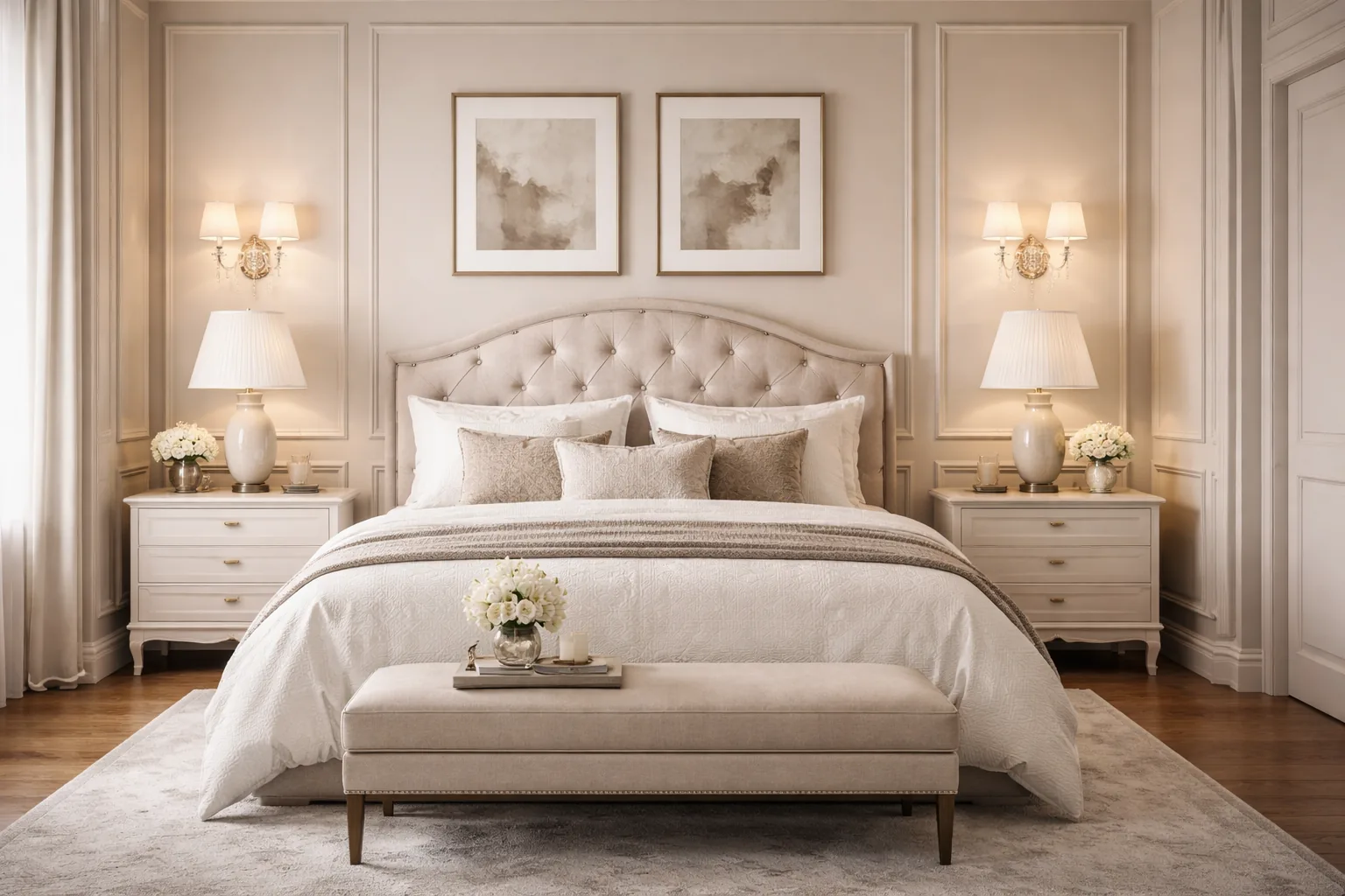 Bedroom with matching nightstands on both sides of the bed, symmetrical and elegant