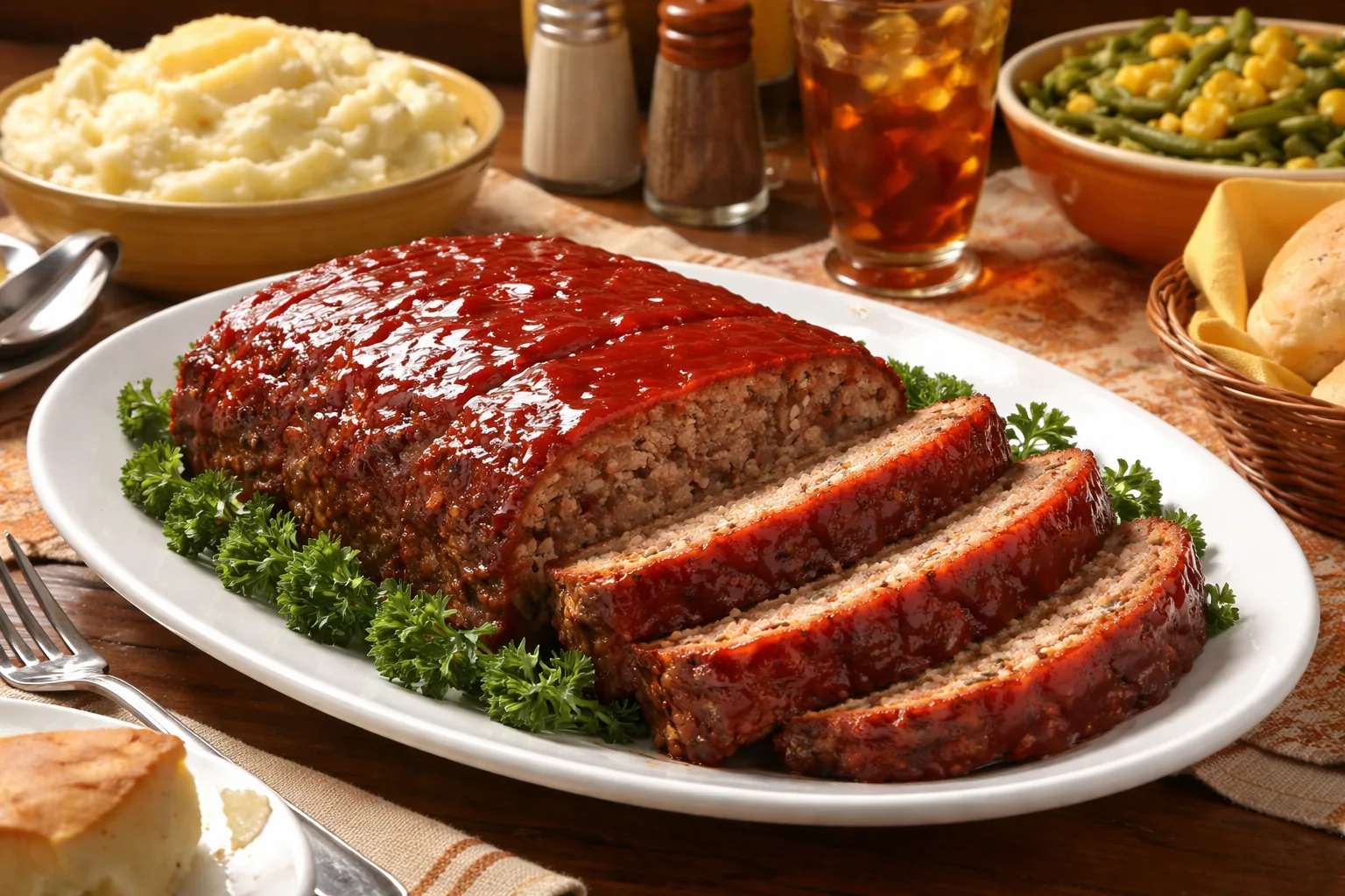Classic meatloaf with shiny ketchup glaze on a white oval platter, 1970s family dinner table, carved into slices