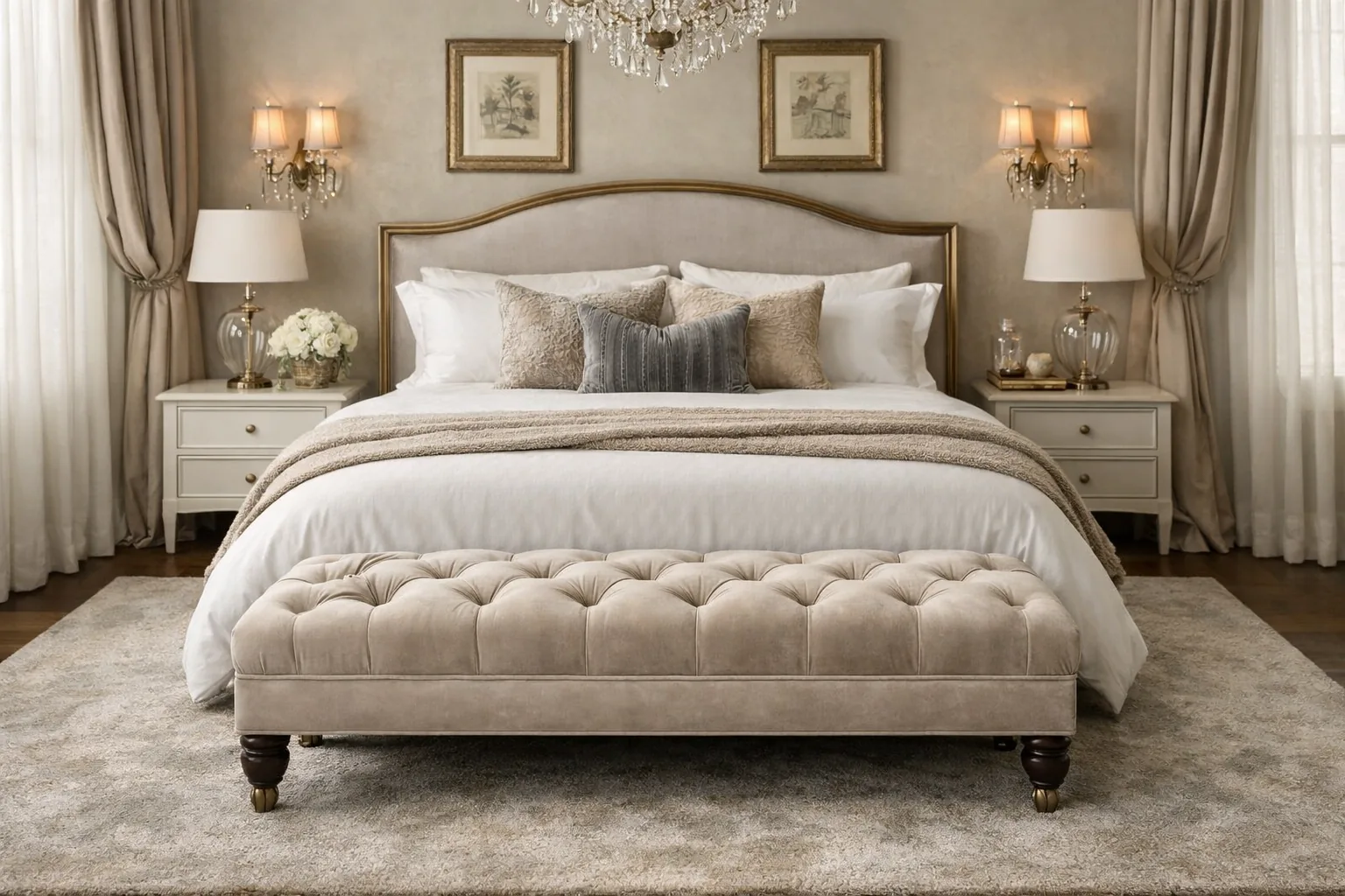 Bedroom with a tufted bench at the foot of the bed, elegant and well-styled