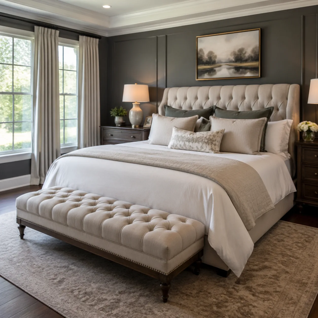 Bedroom with a tufted bench at the foot of the bed, elegant and well-styled