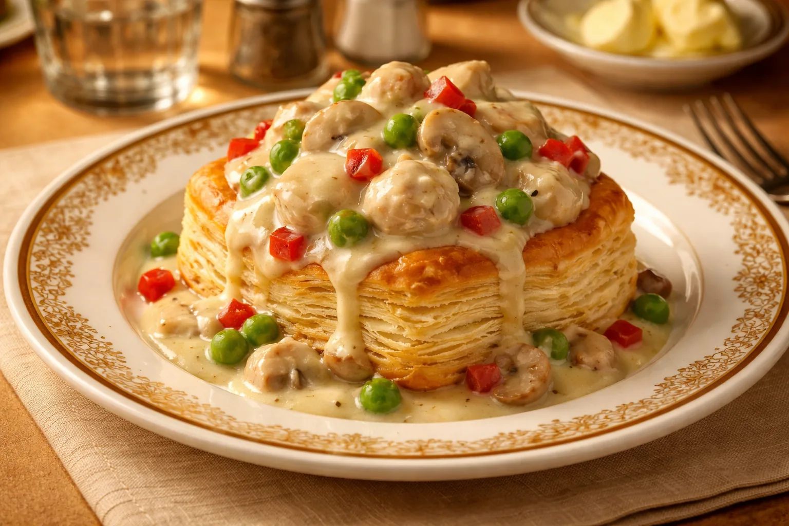 Plate of chicken à la King with creamy sauce, peas, and pimentos served over a puff pastry shell, 1970s restaurant china