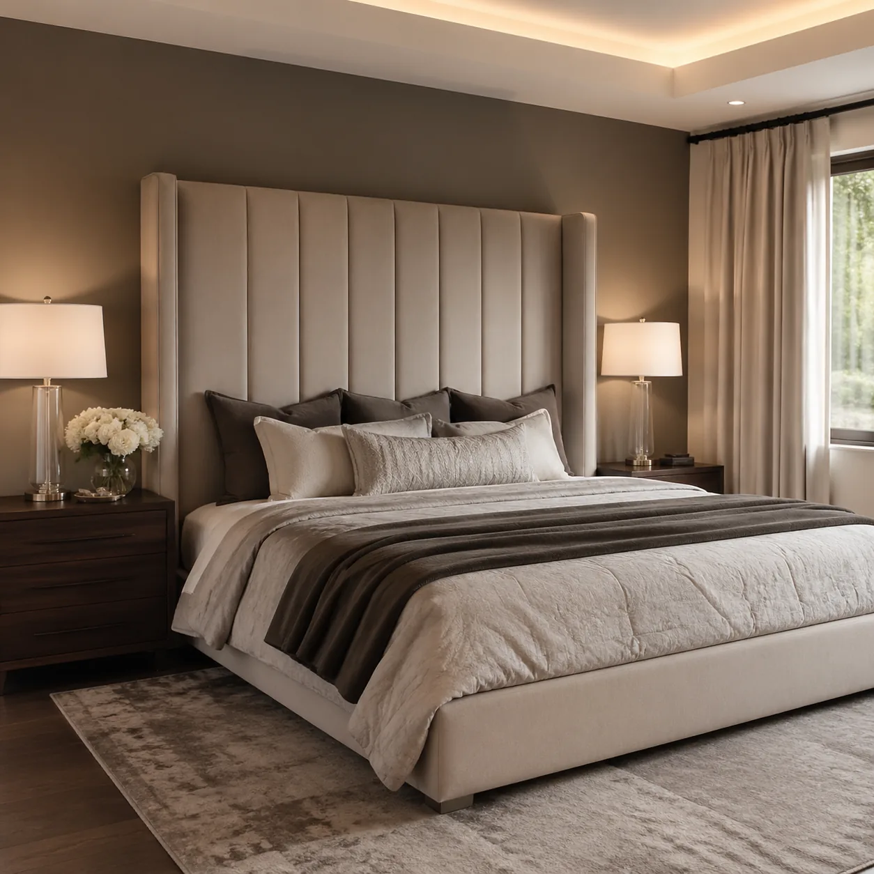 Bedroom with a tall upholstered headboard that extends above the mattress level, elegant bedroom composition