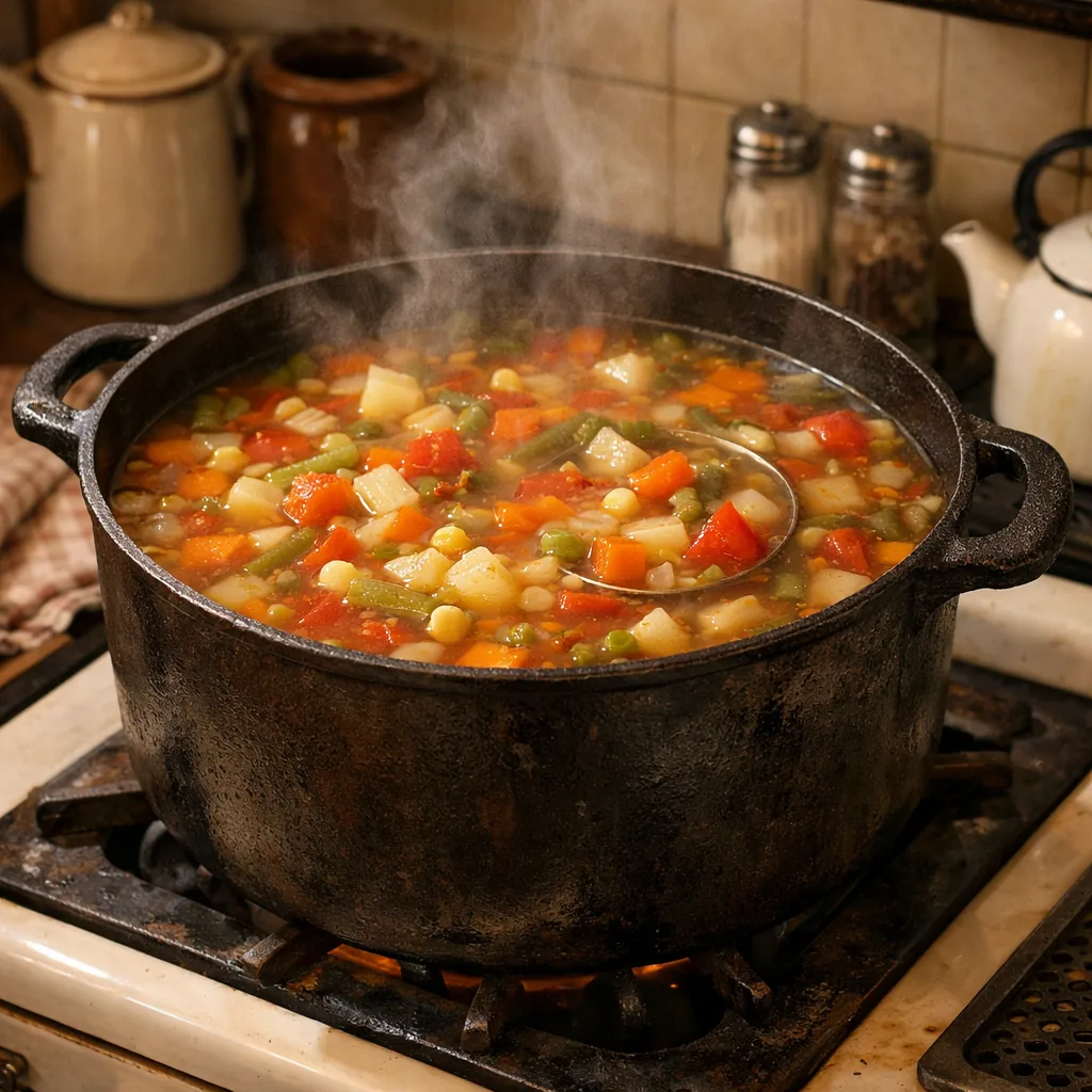 large pot of thin Depression-era vegetable soup with carrots, potatoes, canned tomatoes, and whatever vegetables were av