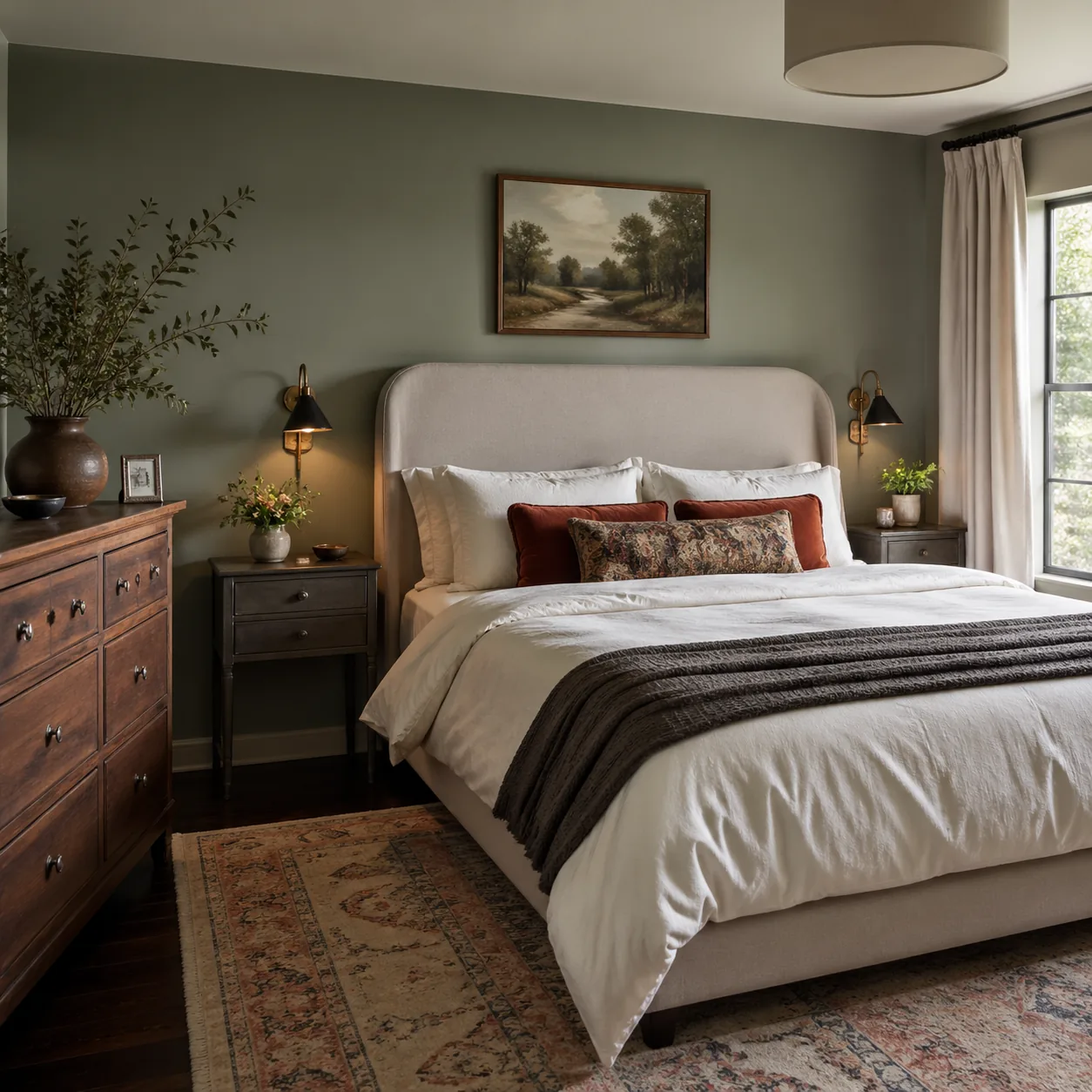 Bedroom with intentionally mismatched but complementary furniture pieces — a wooden dresser, upholstered headboard, and 
