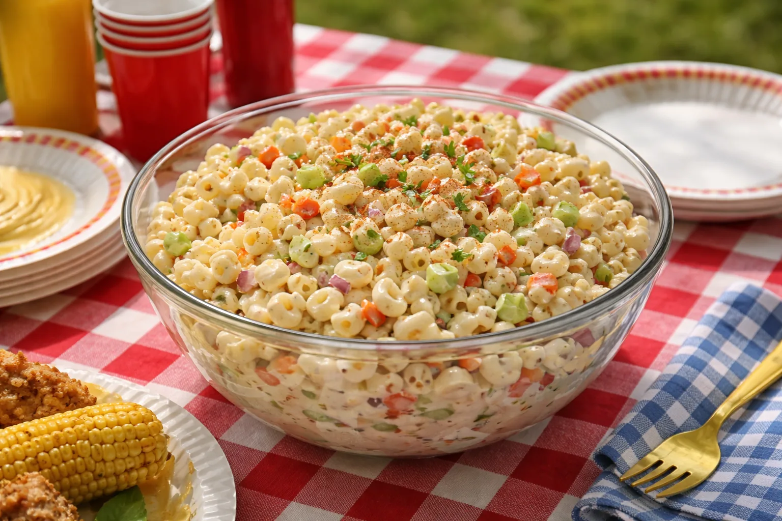 Large bowl of classic macaroni salad with elbow pasta, celery, red onion, and creamy dressing, on a 1970s summer picnic 