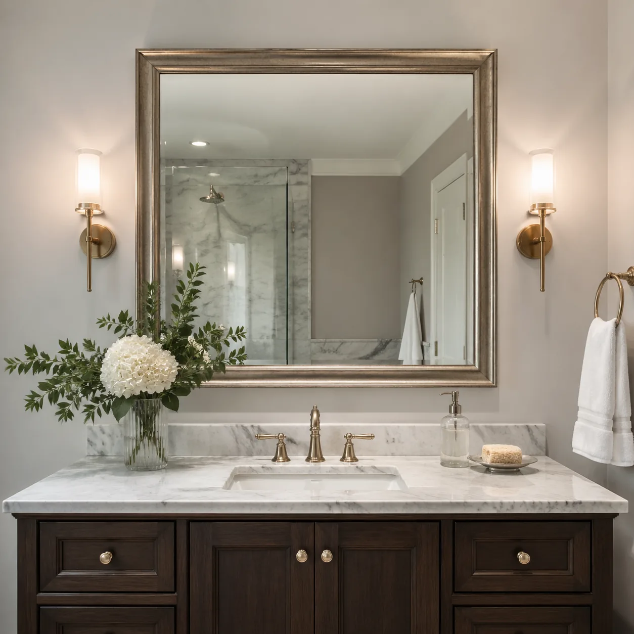Bathroom with a framed mirror replacing a standard builder-grade plate glass mirror, clean and elegant