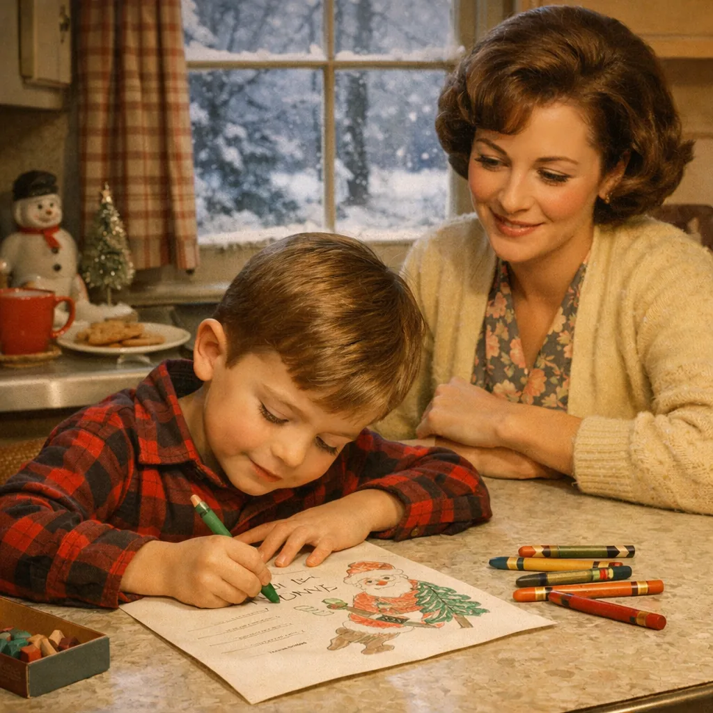 A 1960s child sitting at a kitchen table writing a letter to Santa Claus with crayons, the letter partially visible, a m