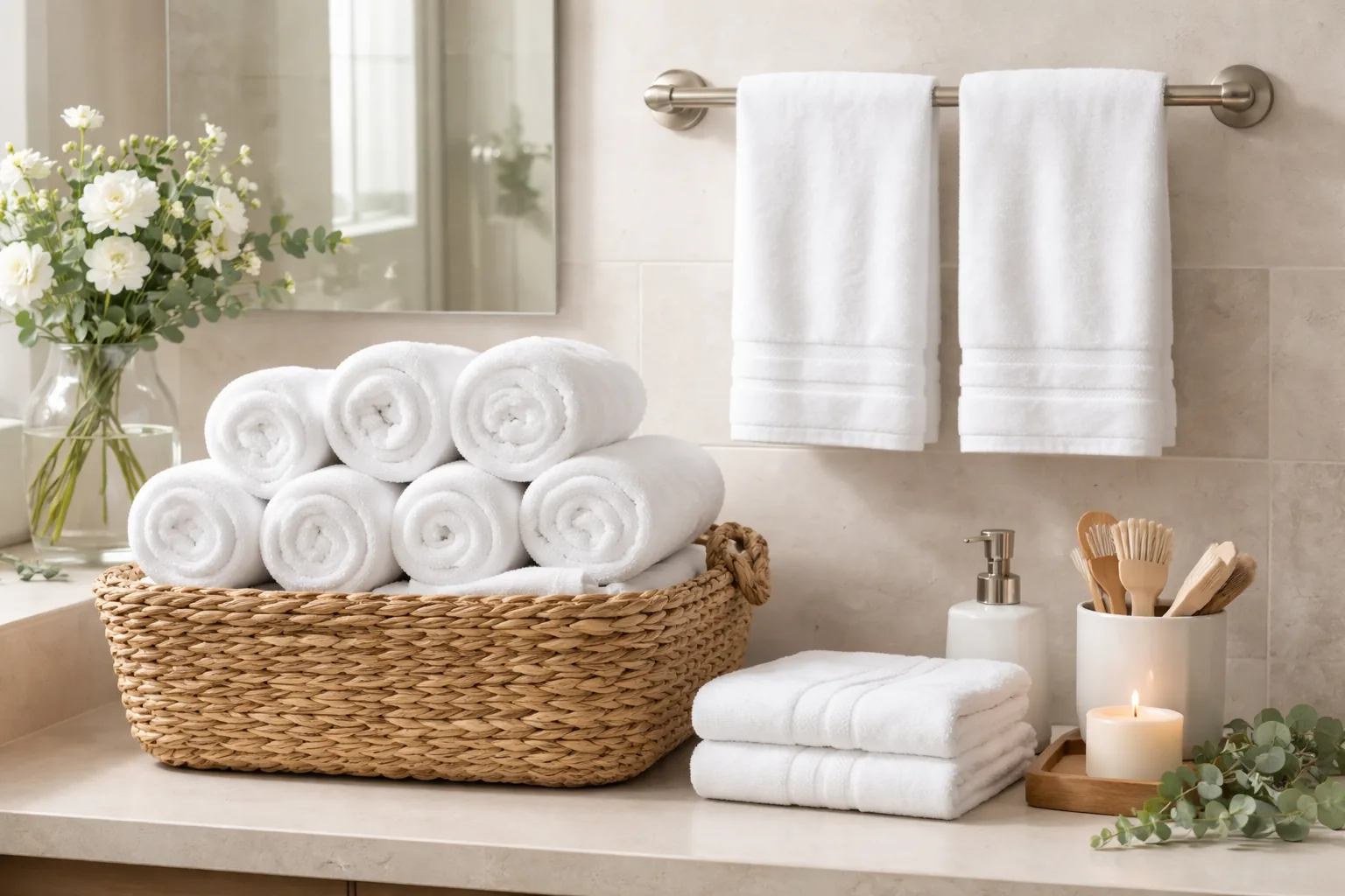 Bathroom with rolled white towels displayed in a basket and folded white hand towels on a bar, spa-like