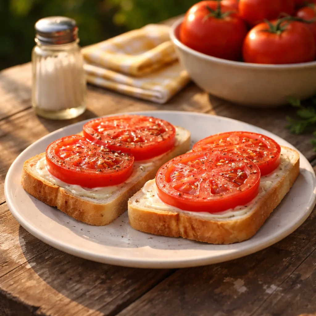 thick slices of garden tomato on soft white bread with salt and mayonnaise, simple plate on worn outdoor table, warm sum