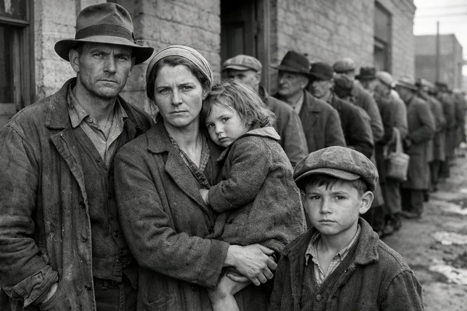 1930s era Depression-era family standing in a relief food line outside a government distribution building, serious expre